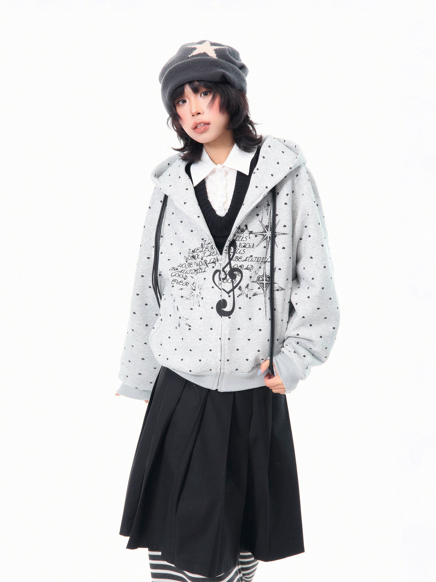 American-Style Musical Note Heart Print Hoodie for Women, Spring Lightweight Versatile Loose Casual Slimming Top