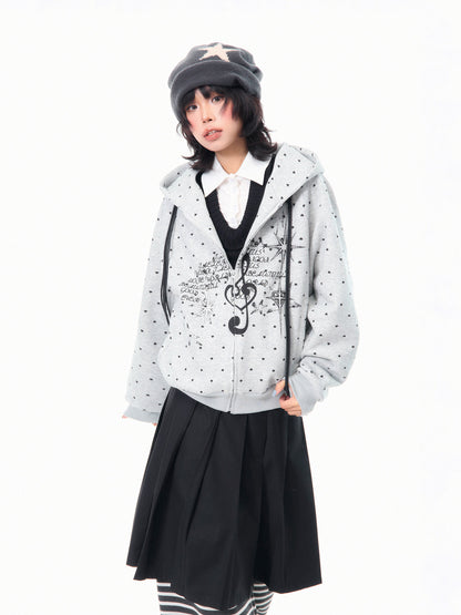 American-Style Musical Note Heart Print Hoodie for Women, Spring Lightweight Versatile Loose Casual Slimming Top