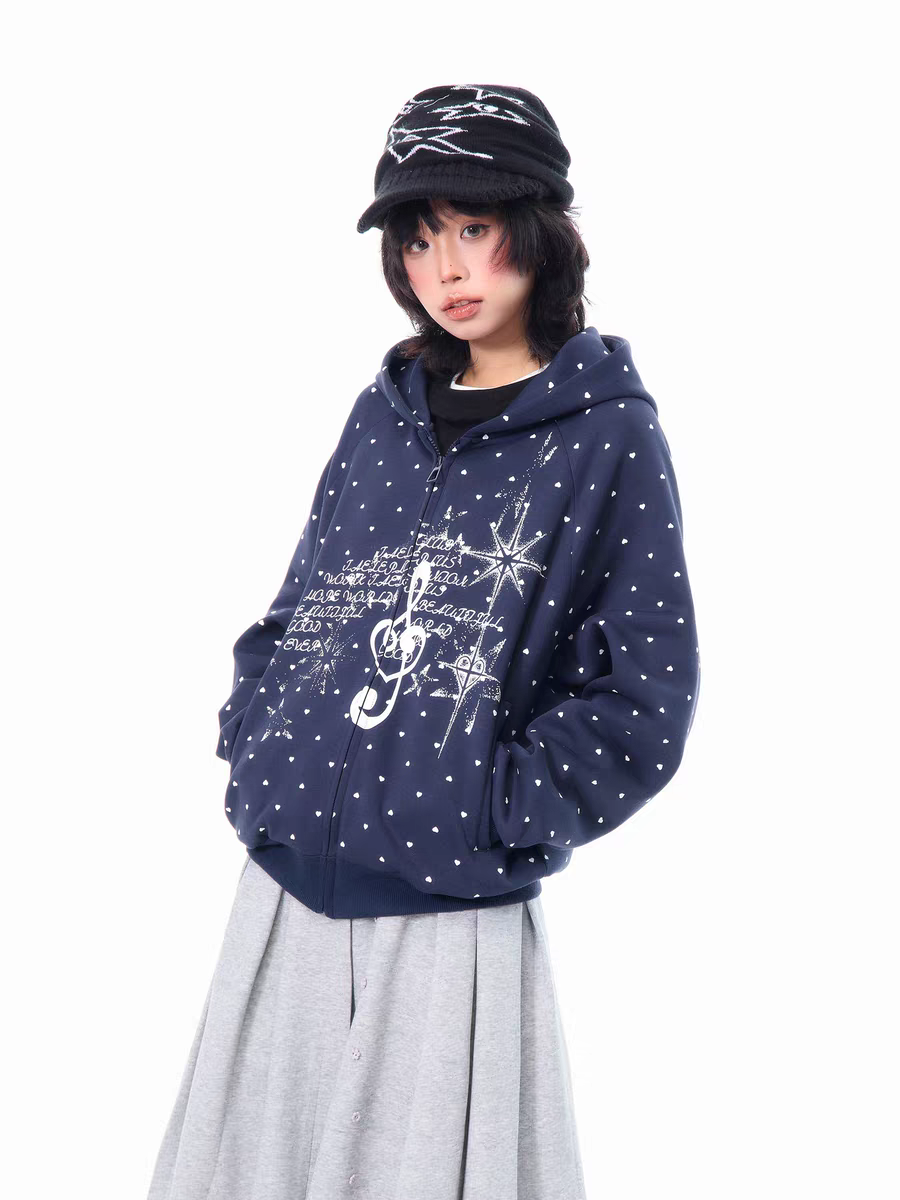 American-Style Musical Note Heart Print Hoodie for Women, Spring Lightweight Versatile Loose Casual Slimming Top