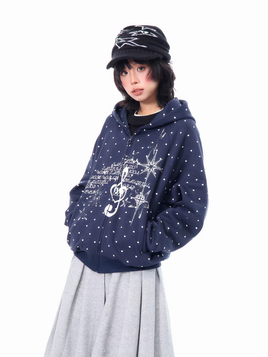 American-Style Musical Note Heart Print Hoodie for Women, Spring Lightweight Versatile Loose Casual Slimming Top