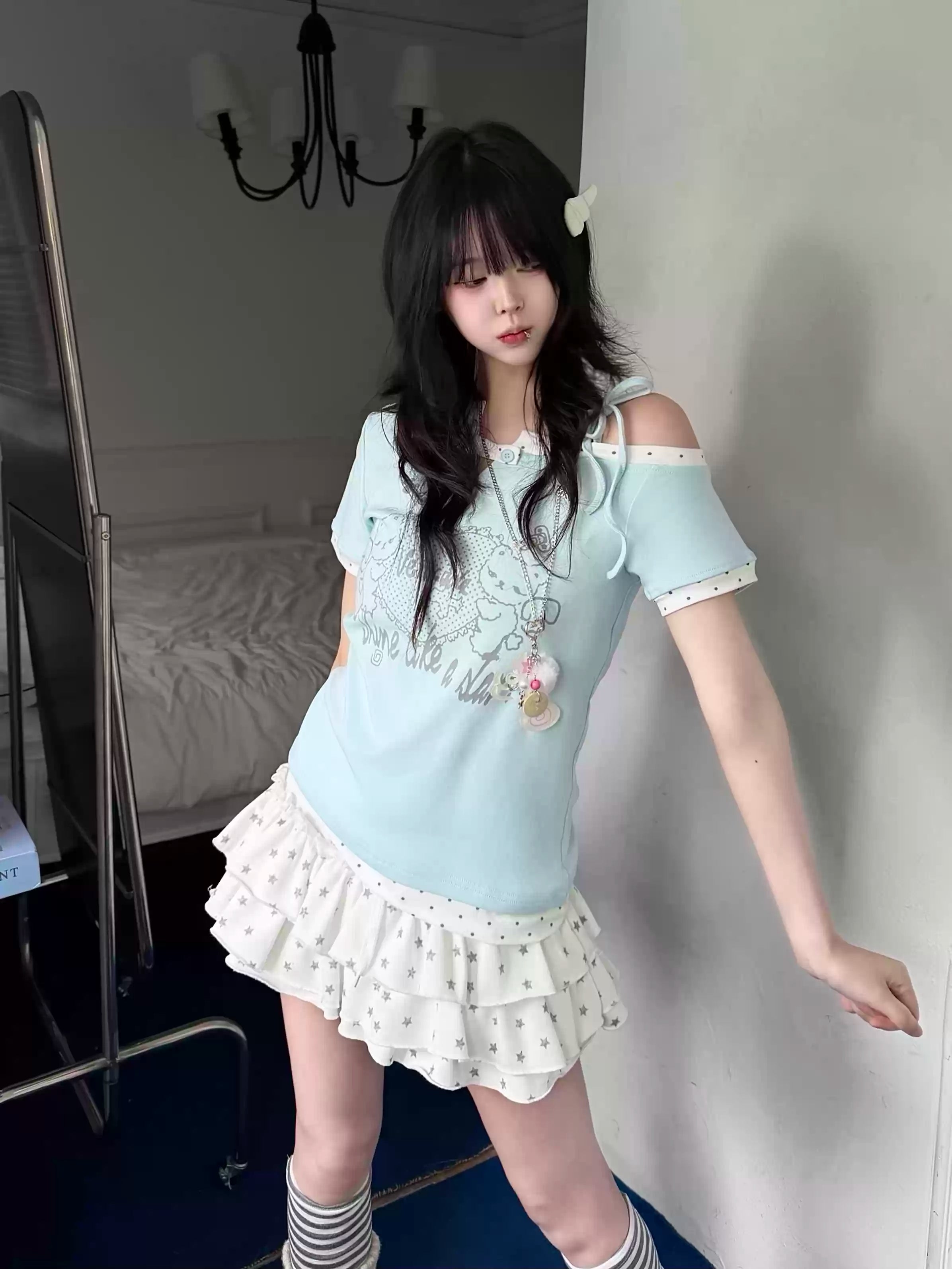 Y2K Kawaii Teddy Bear Print One Shoulder T-Shirt Women Summer Sweet Polka Dot Patchwork Slim Fit Crop Top Harajuku Aesthetic Tee