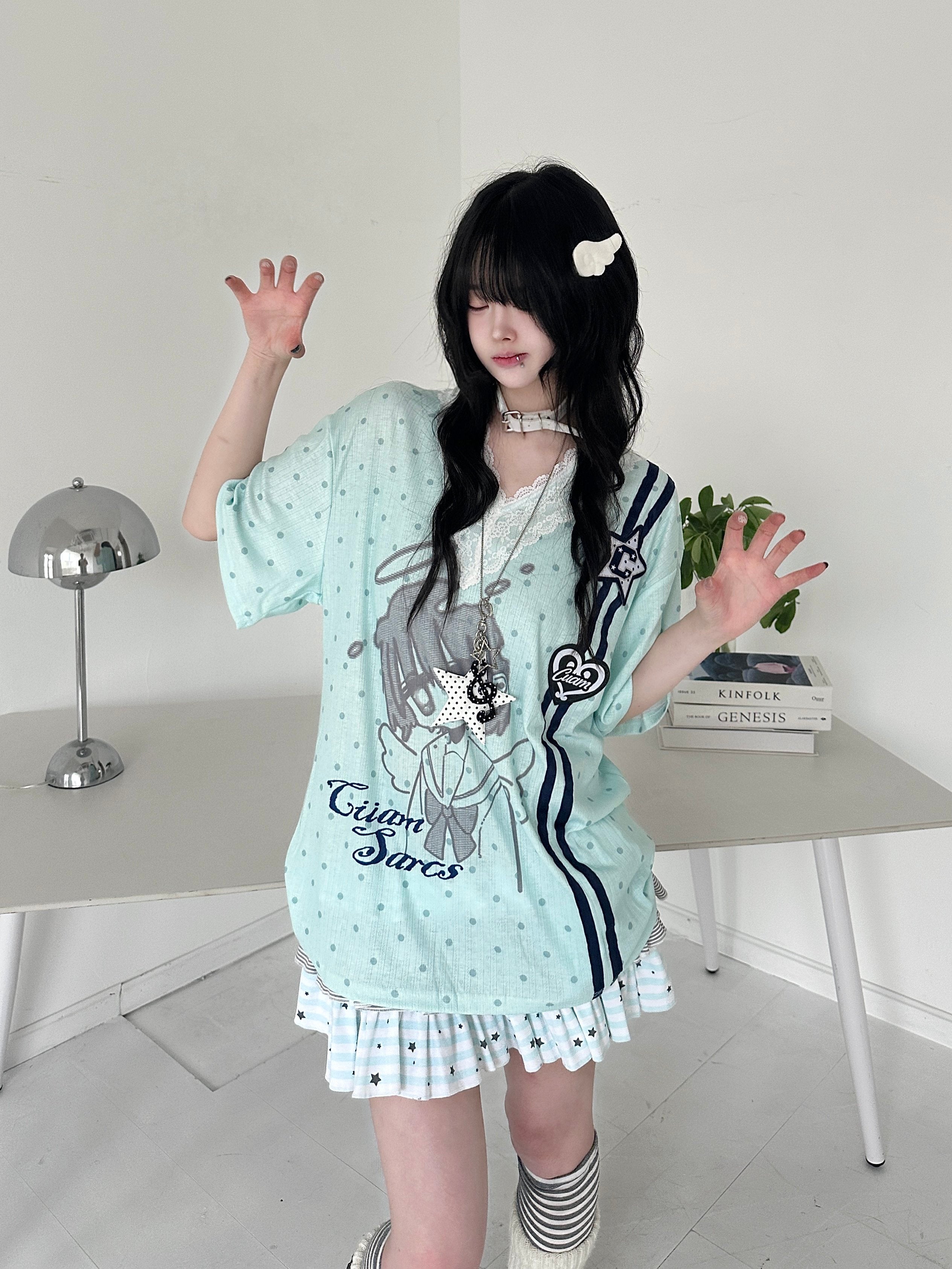 カレーレン 水玉柄二次元アニメ刺繍 レースVネックTシャツ Y2K レディース