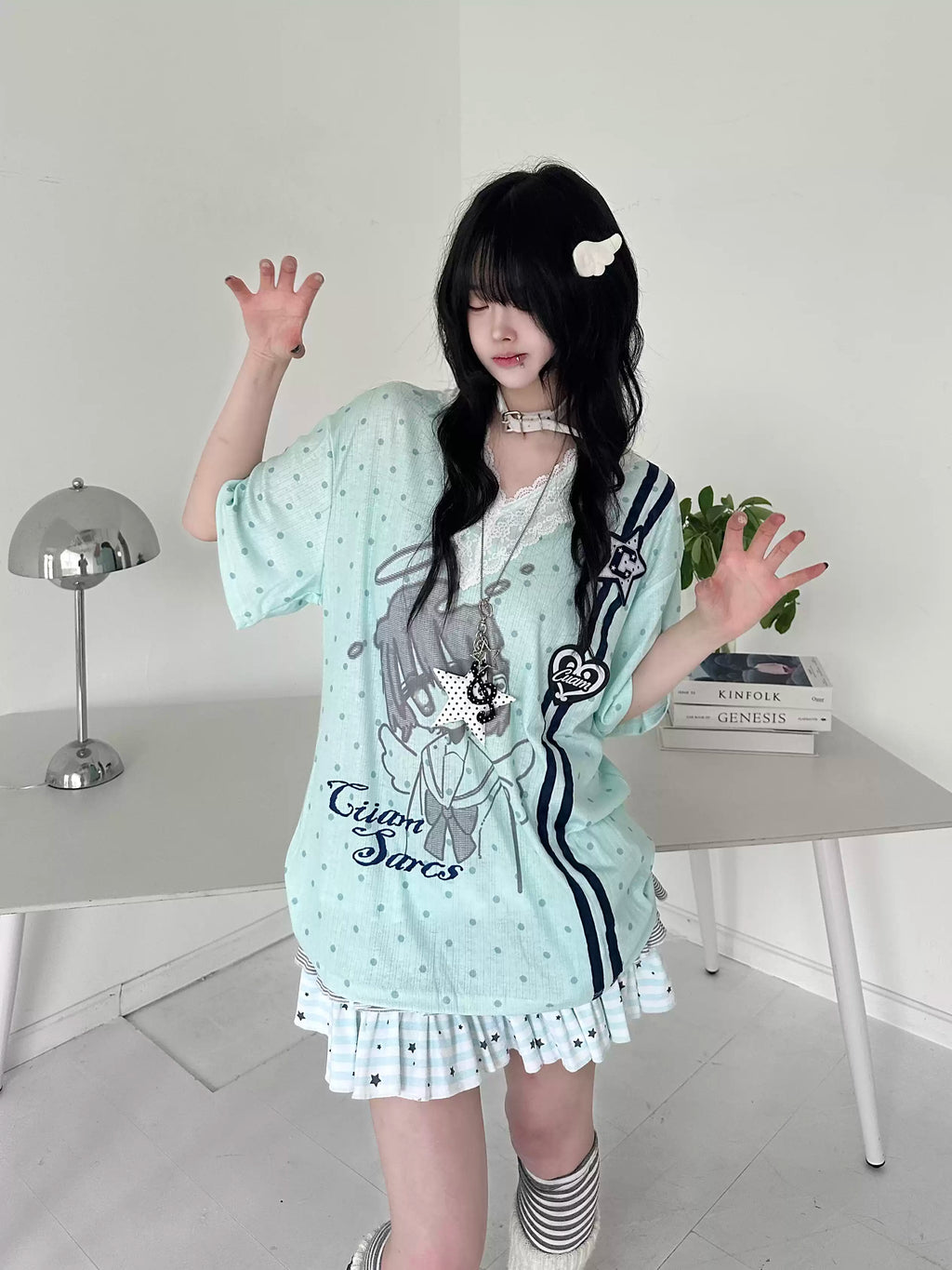 Y2K Harajuku Anime Polka Dot T-Shirt Women Sweet Lolita Lace V-Neck Short Sleeve Top | Loose Fit Kawaii Aesthetic Clothing