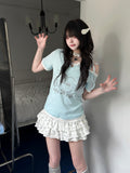 Y2K Kawaii Teddy Bear Print One Shoulder T-Shirt Women Summer Sweet Polka Dot Patchwork Slim Fit Crop Top Harajuku Aesthetic Tee