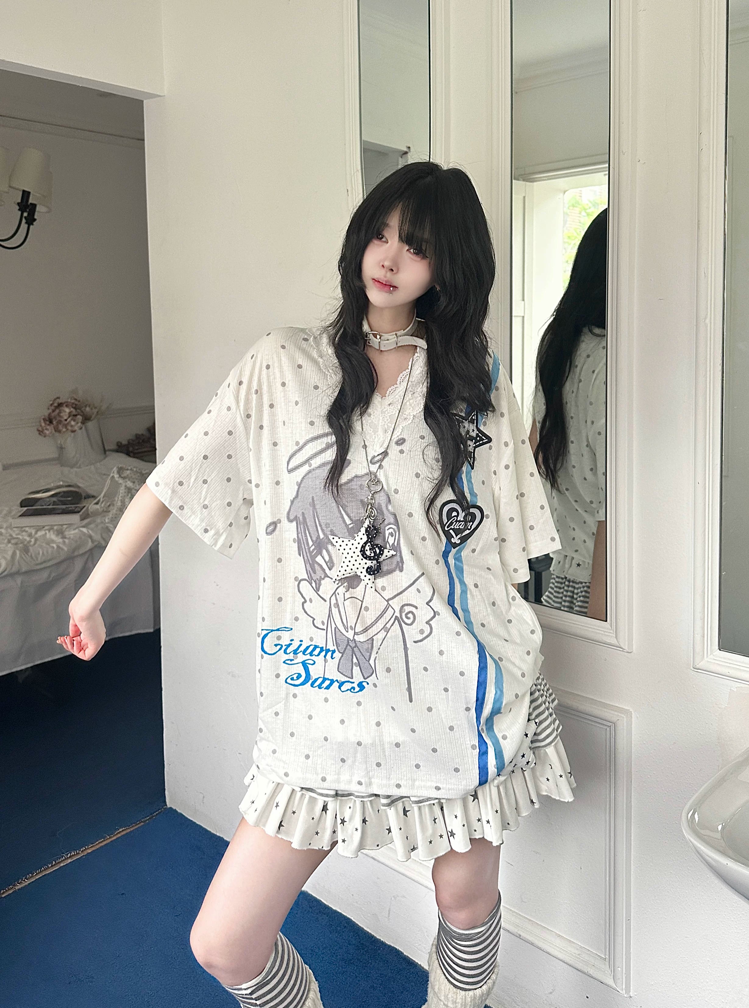 Y2K Harajuku Anime Polka Dot T-Shirt Women Sweet Lolita Lace V-Neck Short Sleeve Top | Loose Fit Kawaii Aesthetic Clothing
