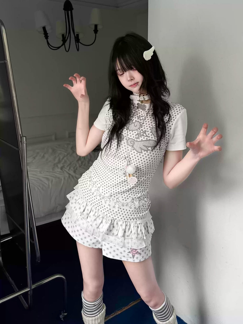 Women's Slim Fit Polka Dot Angel Wings T-Shirt - Cute Summer Crew Neck Top #G003