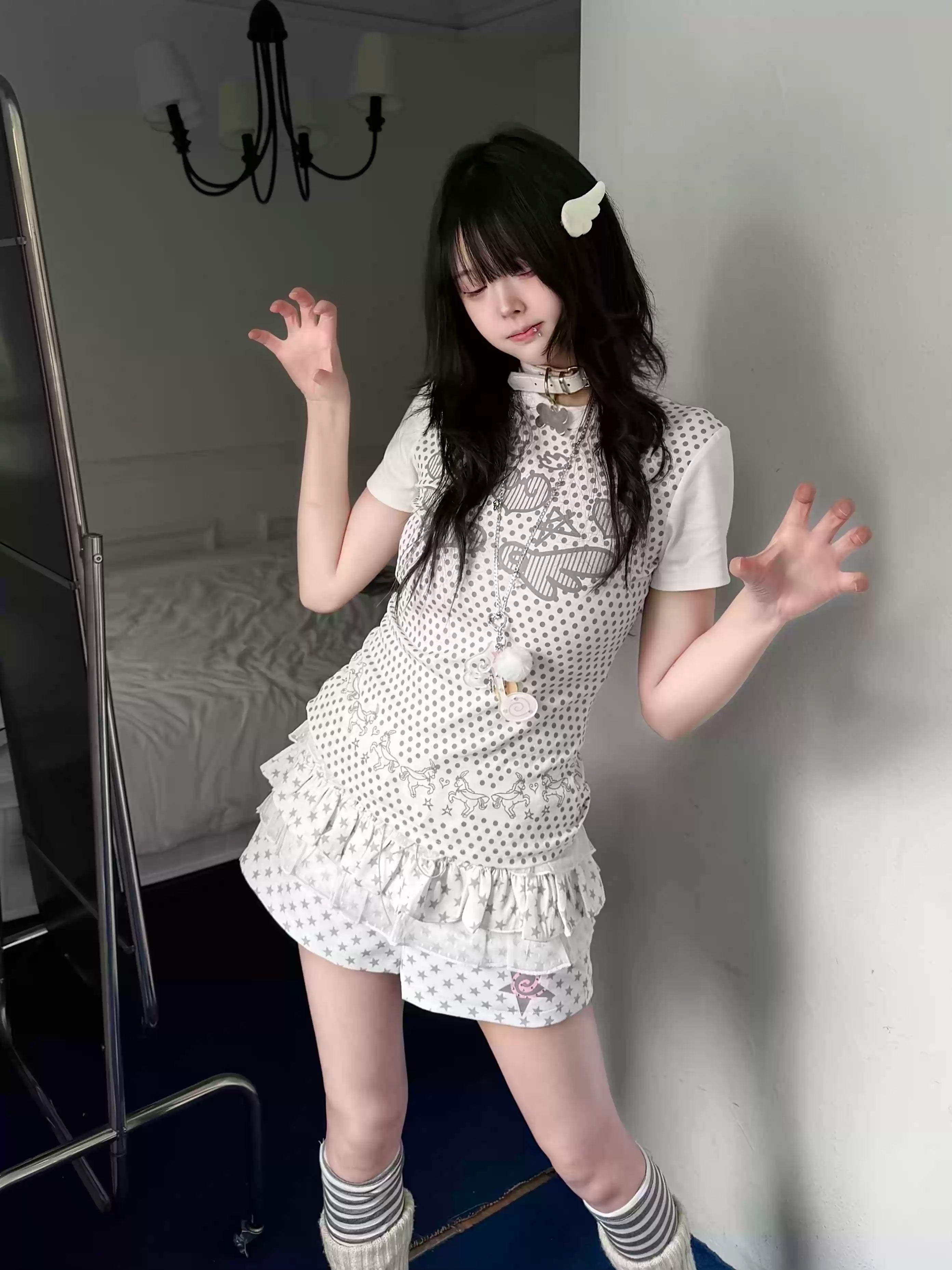 Women's Slim Fit Polka Dot Angel Wings T-Shirt - Cute Summer Crew Neck Top #G003