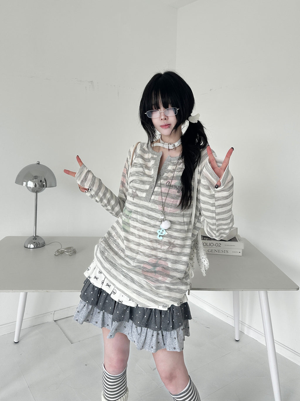 RICKY LUCKY スター柄 ストライプ柄 防晒 構造トップス 薄手 長袖 Tシャツ レトロ Y2K