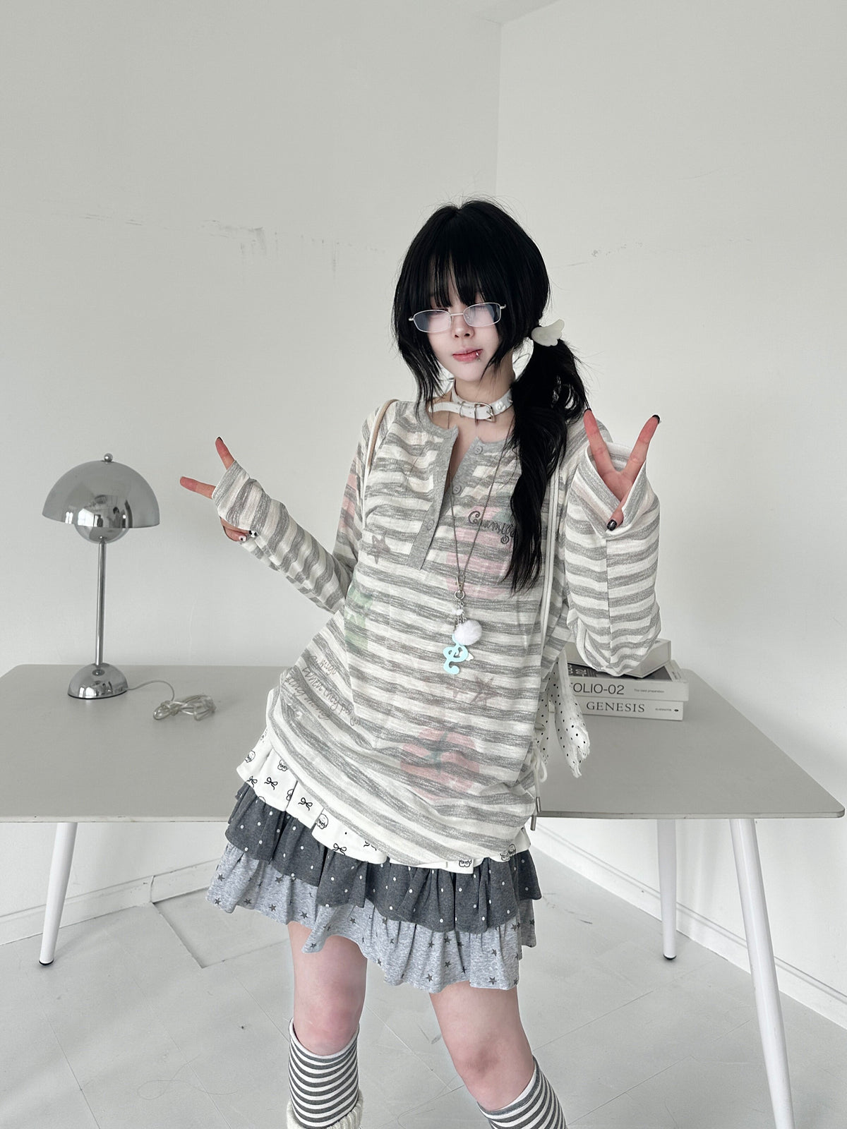 RICKY LUCKY スター柄 ストライプ柄 防晒 構造トップス 薄手 長袖 Tシャツ レトロ Y2K