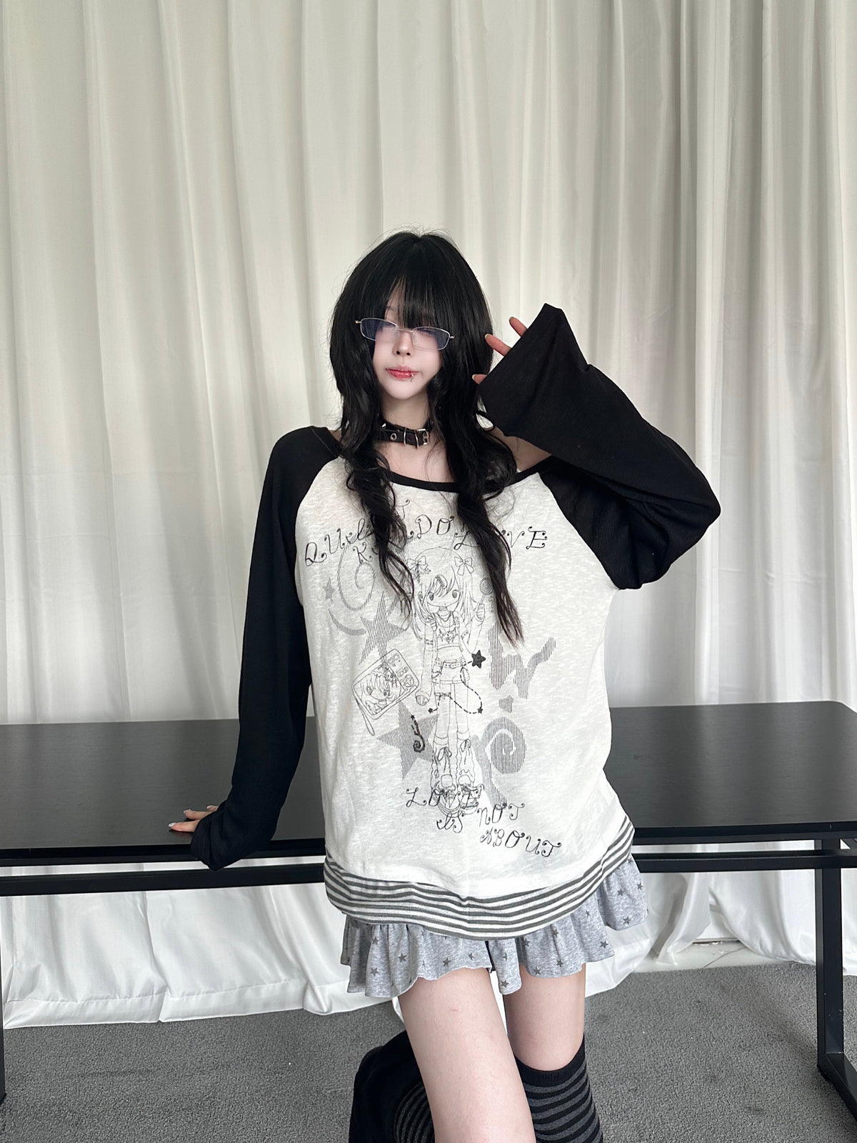 RICKY LUCKY レトロ ストライプ柄 レイヤード風 ワンショルダー 長袖Tシャツ ゆったり