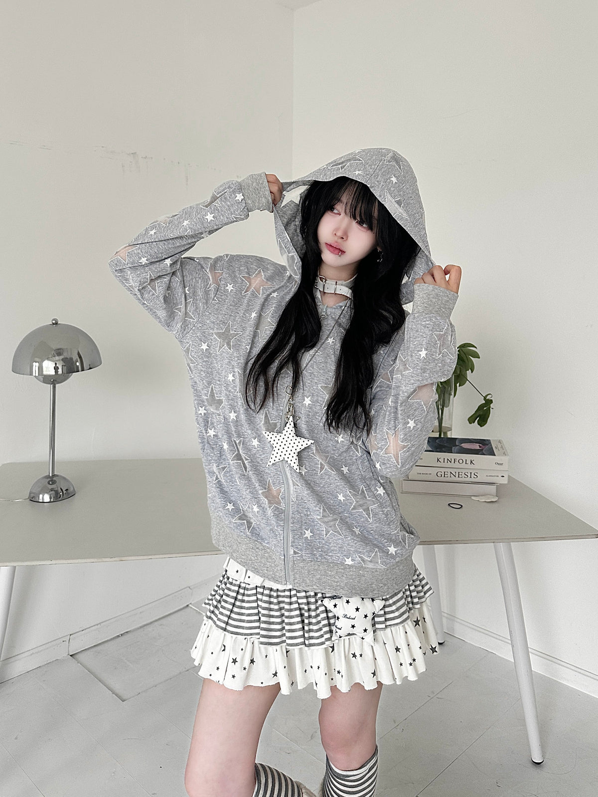 RICKY LUCKY 韓国風 スター刺繍 シアー パーカー 薄手 UVカット 防晒 紫外線対策