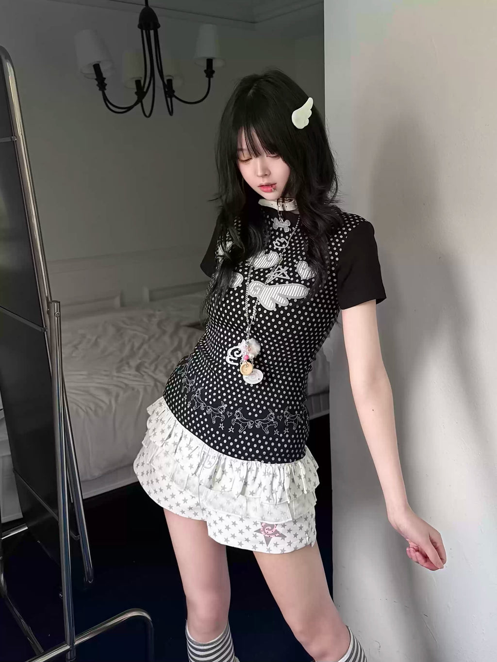 Women's Slim Fit Polka Dot Angel Wings T-Shirt - Cute Summer Crew Neck Top #G003