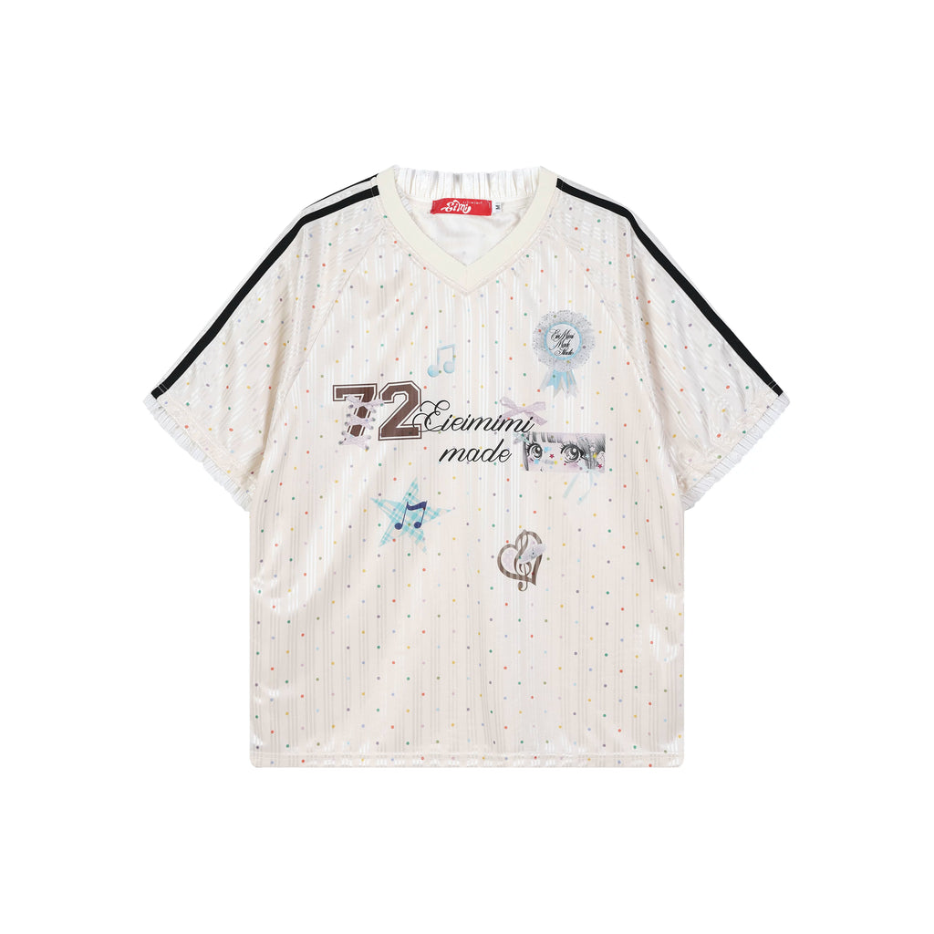 Y2K Harajuku Satin T-Shirt Women Sweet Kawaii Polka Dot Print Top | Fairy Grunge Lace Patchwork Jersey V-Neck Short Sleeve Blouse