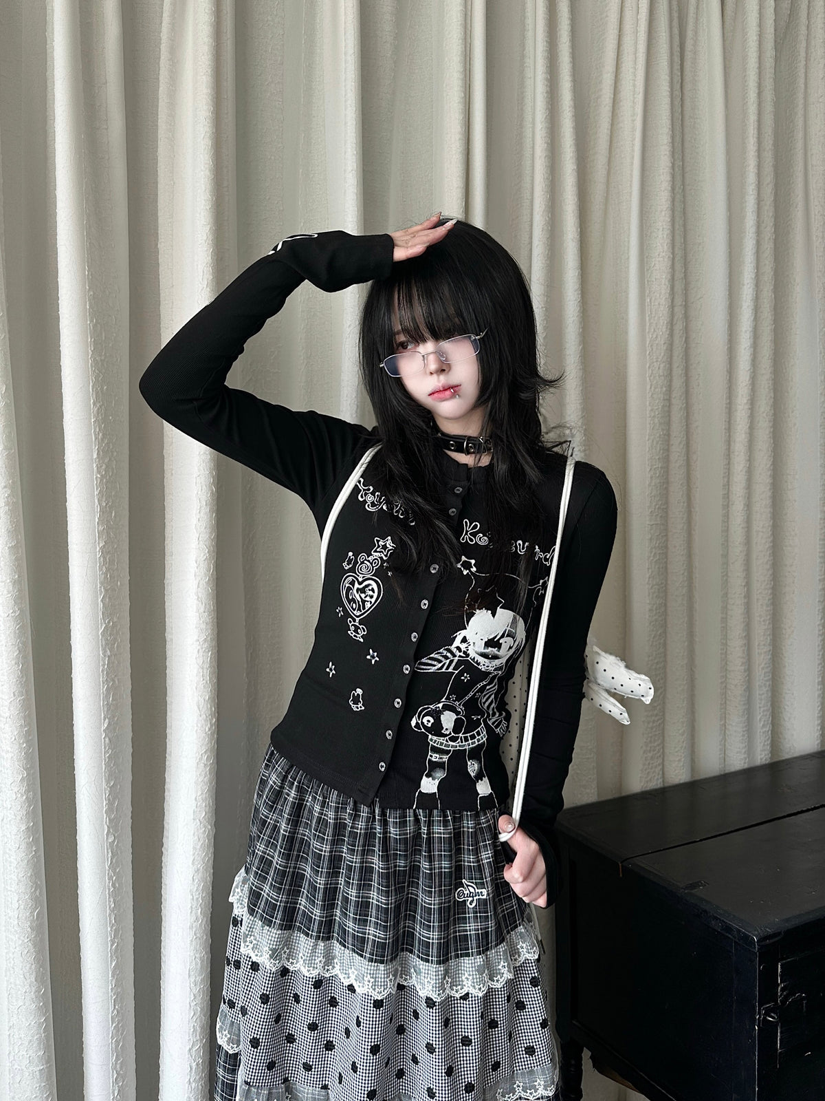 RICKY LUCKY 春新作 二次元アニメプリント ショート丈カーディガン フレアスリーブTシャツ Y2K