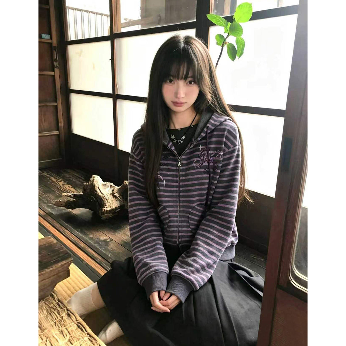RICKY LUCKY アメカジ サブカル風 ストライプ柄 ポケット付き フード付き ジップパーカー レディース