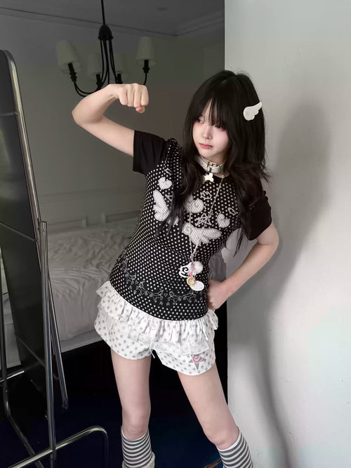 Women's Slim Fit Polka Dot Angel Wings T-Shirt - Cute Summer Crew Neck Top #G003