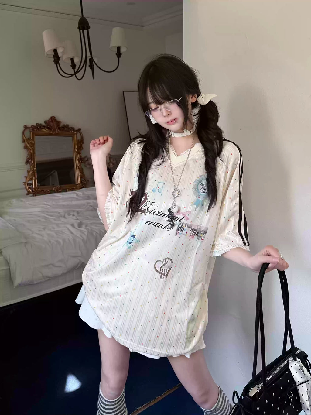 Y2K Harajuku Satin T-Shirt Women Sweet Kawaii Polka Dot Print Top | Fairy Grunge Lace Patchwork Jersey V-Neck Short Sleeve Blouse