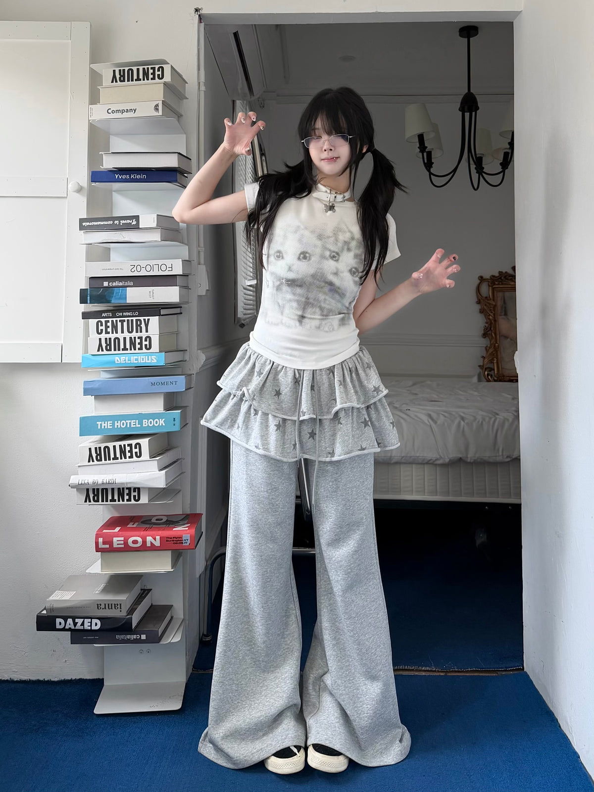 RICKY LUCKY キャットプリント 正肩 ショート丈 Tシャツ レディース 夏 スパイシーガーリー