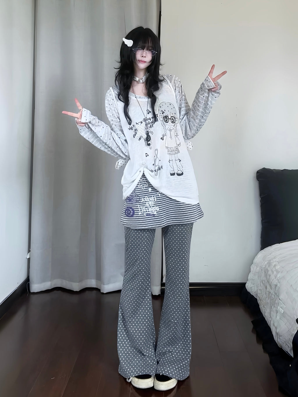 RICKY LUCKY 韓国系 サブカル ボーダー柄 長袖 Tシャツ ロンT シアー シースルー トップス