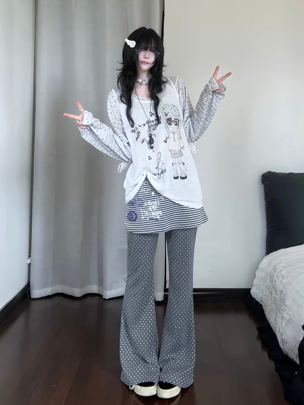 RICKY LUCKY 韓国系 サブカル ボーダー柄 長袖 Tシャツ ロンT シアー シースルー トップス