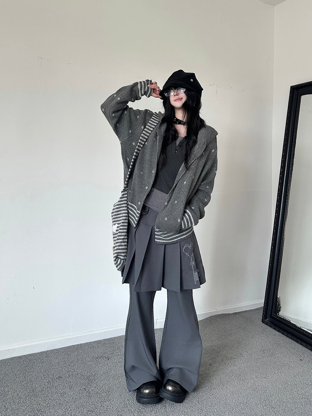 RICKY LUCKY レトロ ヴィンテージ柄 ドット柄 ストライプ柄 ジップアップ ニット カーディガン ルーズ