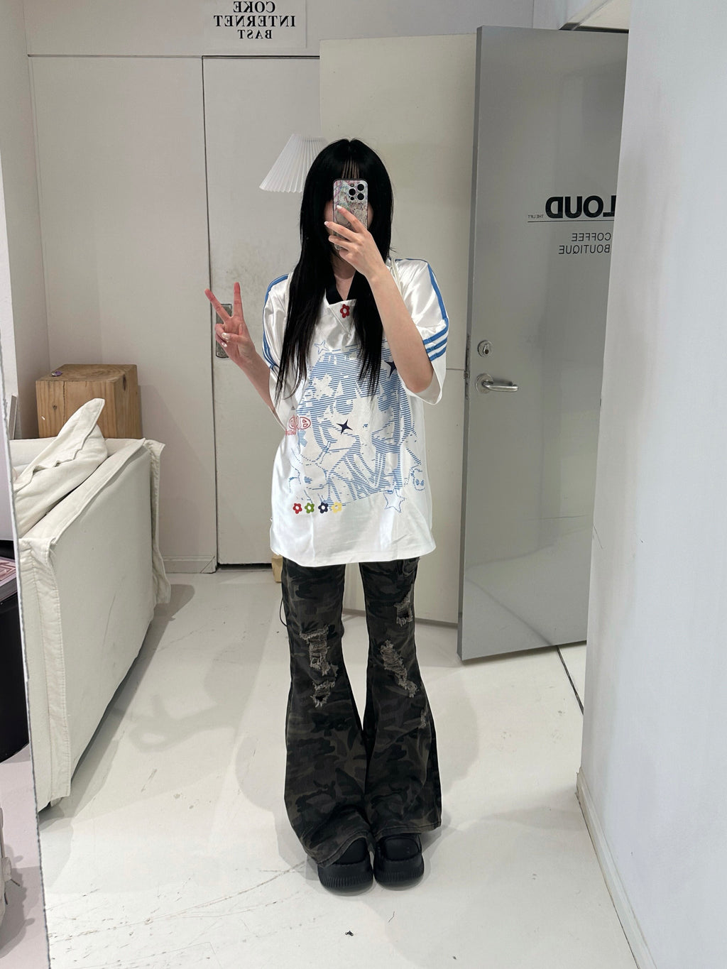 カレーレン アメカジヴィンテージ二次元Vネックユニフォーム半袖Tシャツ Y2K ユニセックス