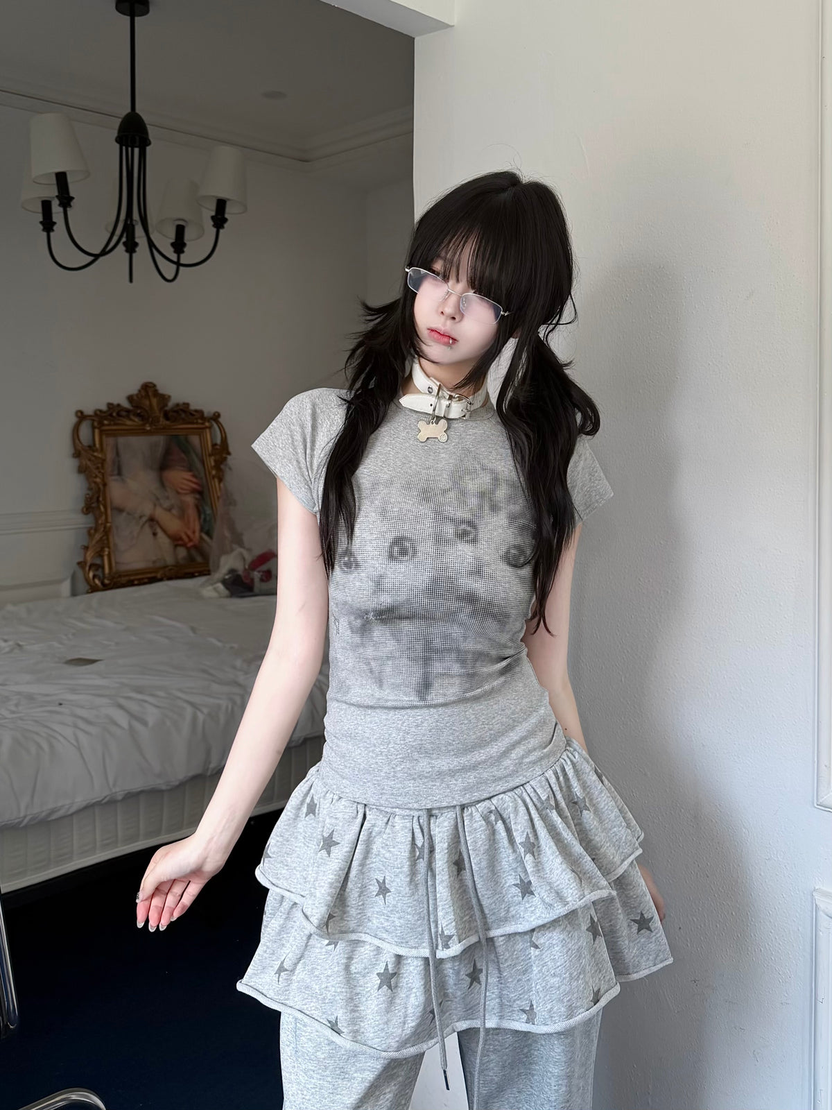 RICKY LUCKY キャットプリント 正肩 ショート丈 Tシャツ レディース 夏 スパイシーガーリー