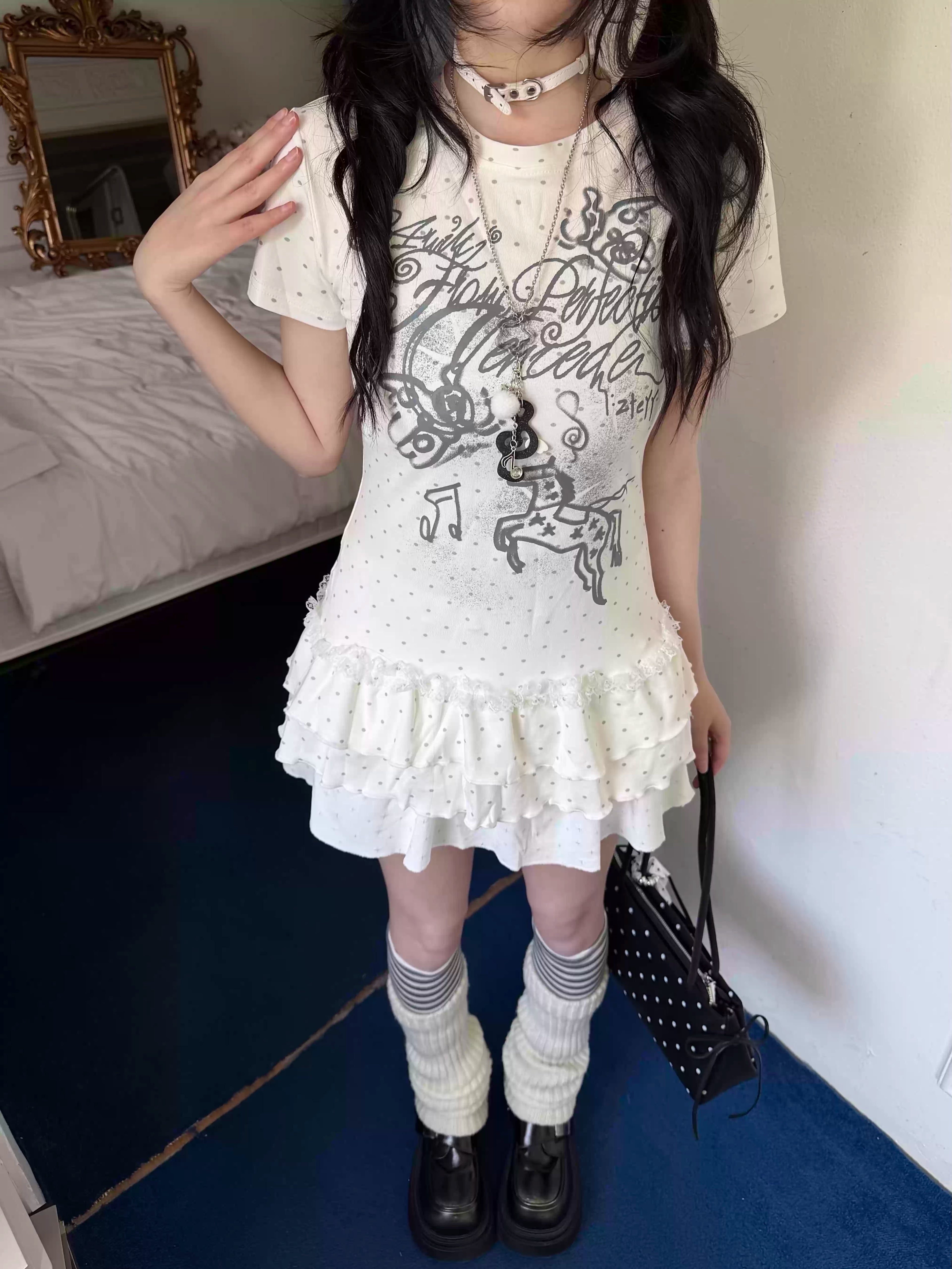 Women's Cute Korean Aesthetic Polka Dot Top Slimming Short Sleeve Tee Ruffled Bottom Summer Kawaii Fashion Clothing