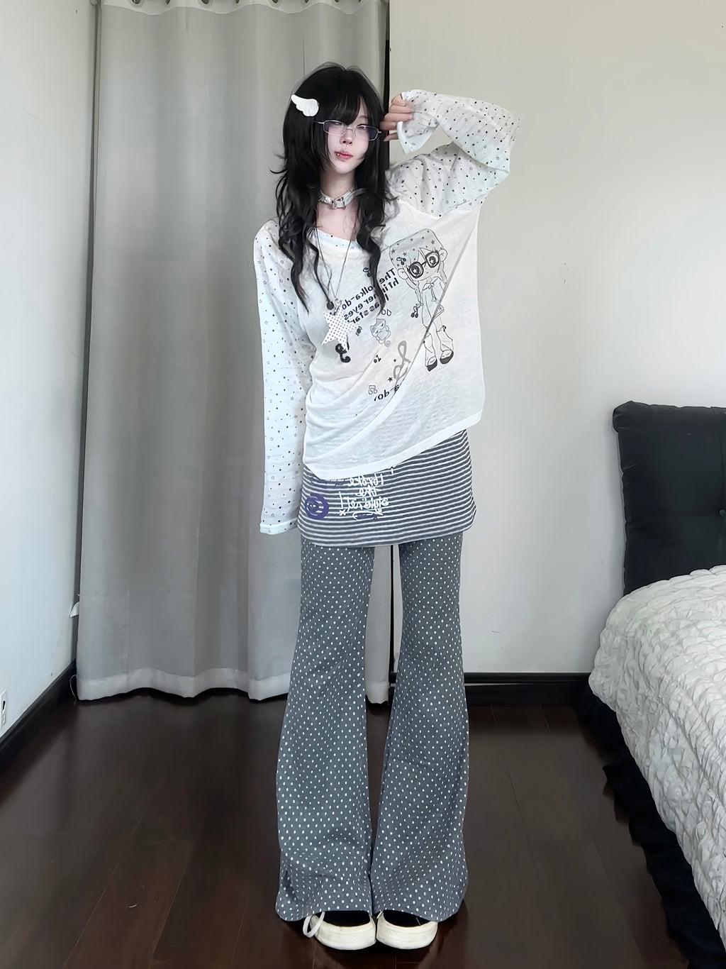 RICKY LUCKY 韓国系 サブカル ボーダー柄 長袖 Tシャツ ロンT シアー シースルー トップス