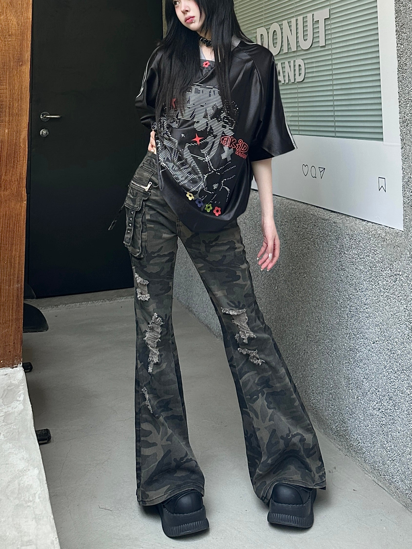 カレーレン アメカジヴィンテージ二次元Vネックユニフォーム半袖Tシャツ Y2K ユニセックス