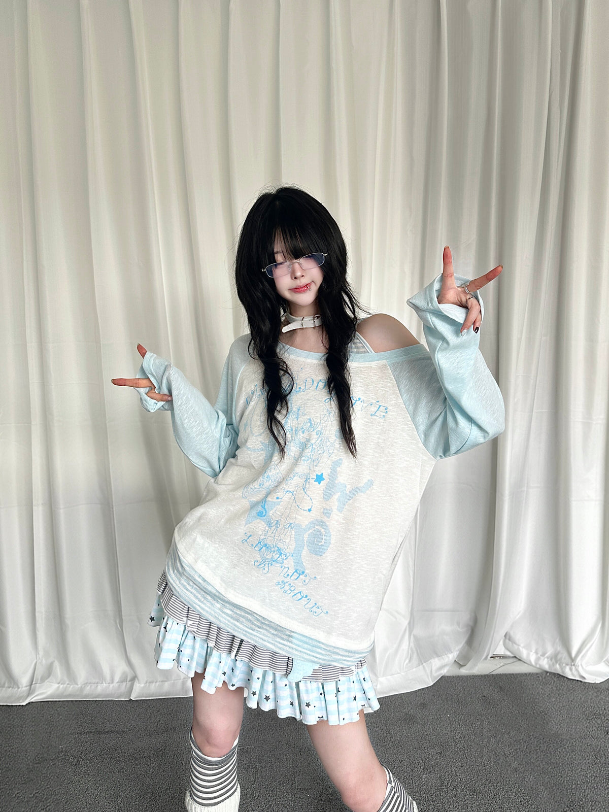RICKY LUCKY レトロ ストライプ柄 レイヤード風 ワンショルダー 長袖Tシャツ ゆったり