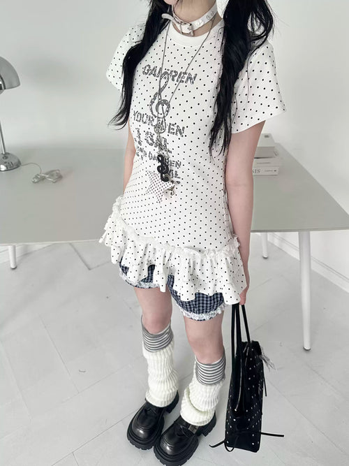 Women's Y2K Polka Dot Lace Ruffle Baby Tee - Cute Slim Fit Short Sleeve T-Shirt #G005