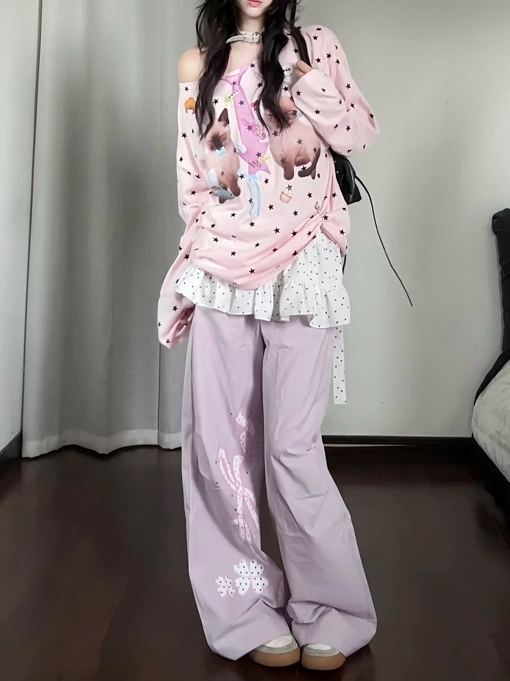 Women's Cute Lace Patchwork Wide Leg Parachute Pants - Casual Summer Straight Leg Trousers #G002