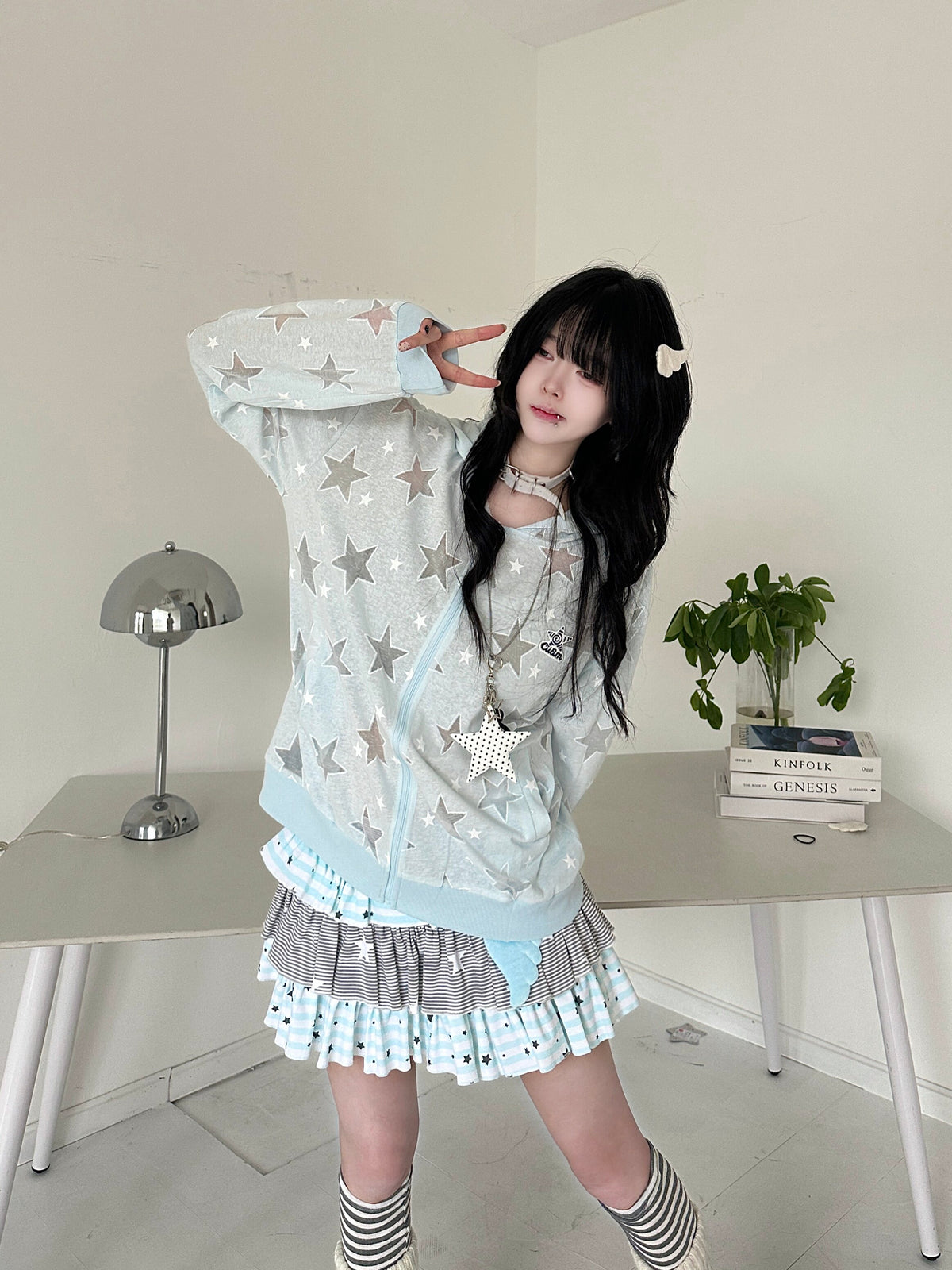 RICKY LUCKY 韓国風 スター刺繍 シアー パーカー 薄手 UVカット 防晒 紫外線対策