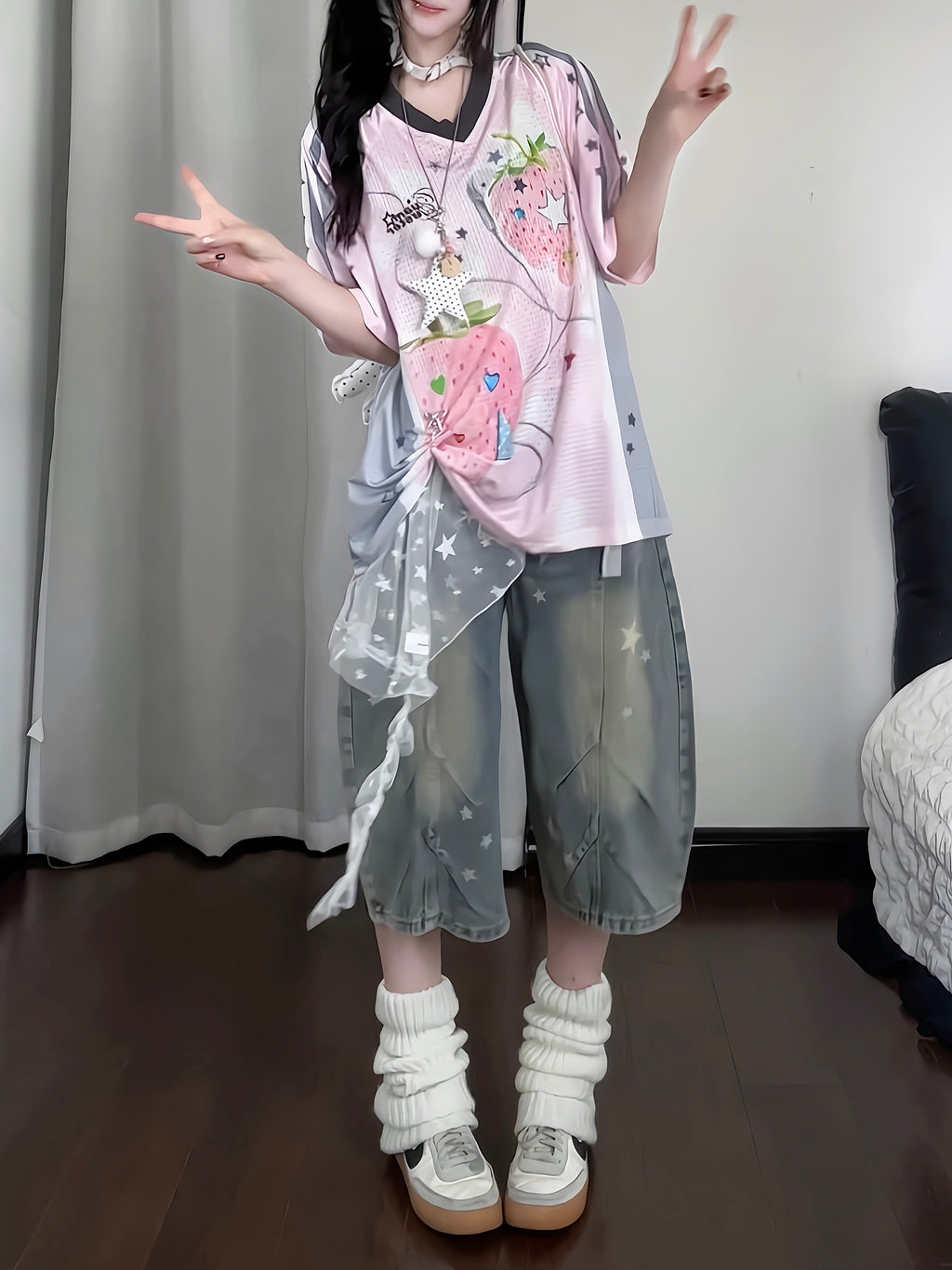 RICKY LUCKY アメカジ ヴィンテージ スタープリント 7分丈 デニムパンツ レディース 夏 ワイドハーフパンツ