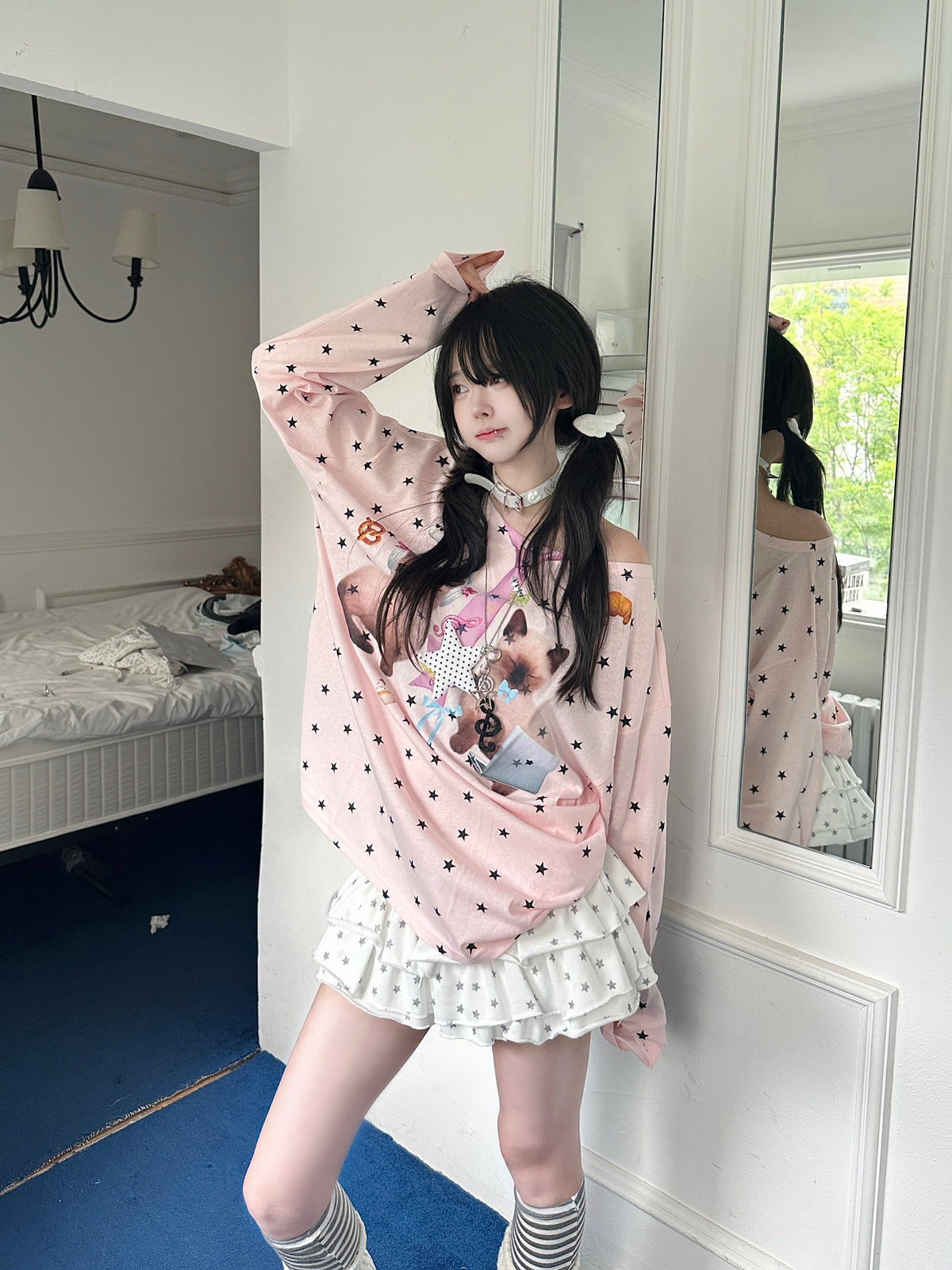 RICKY LUCKY キャット＆スタープリント シースルー長袖Tシャツ ゆったり シアーカットソー