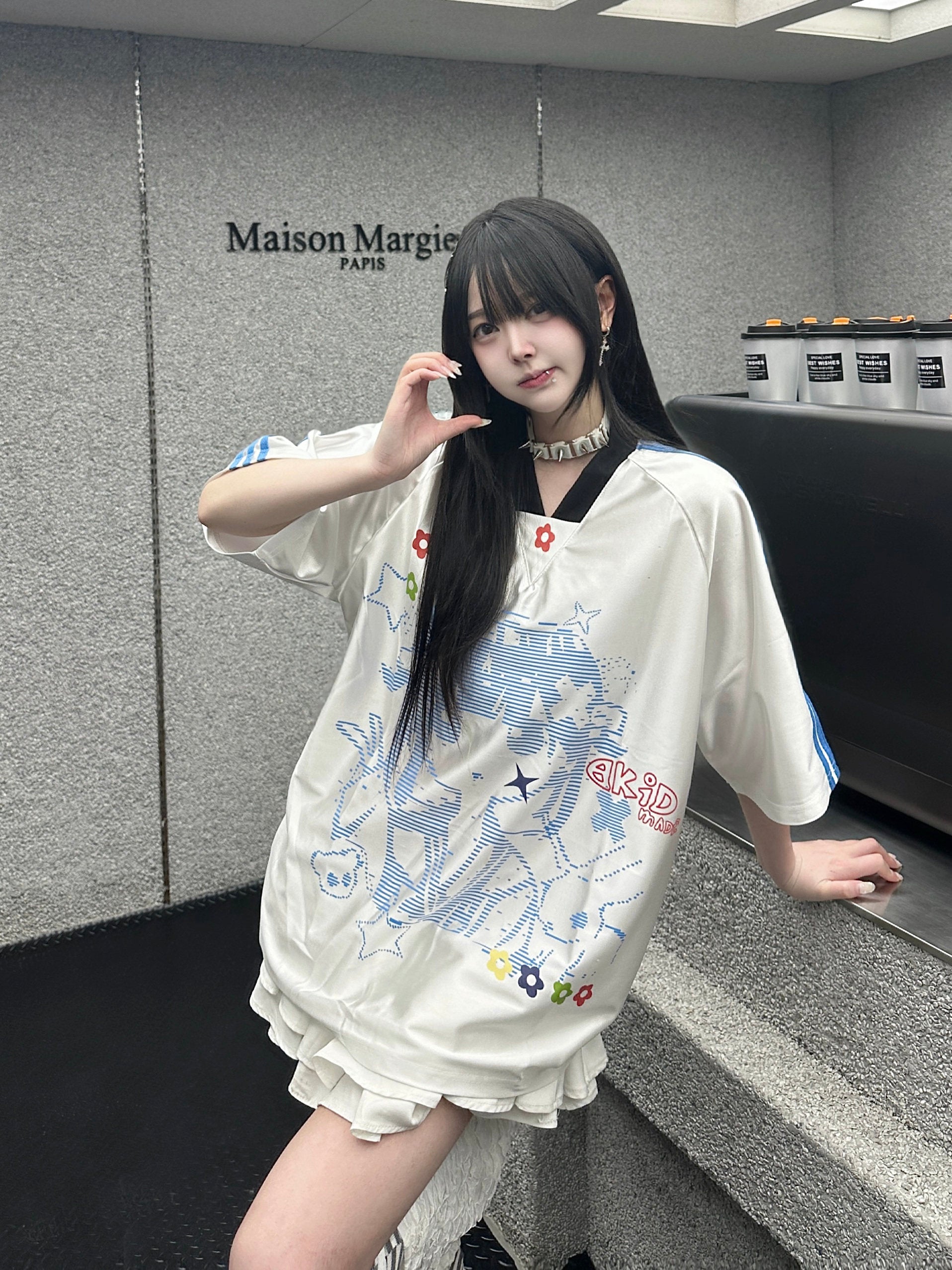 カレーレン アメカジヴィンテージ二次元Vネックユニフォーム半袖Tシャツ Y2K ユニセックス