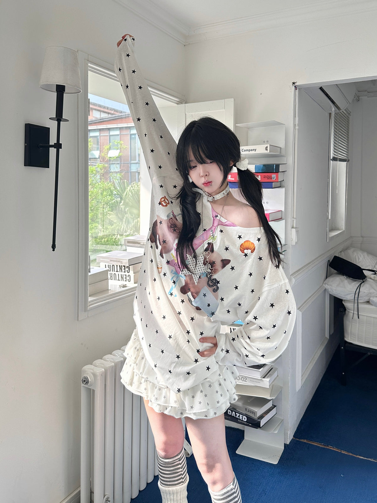 RICKY LUCKY キャット＆スタープリント シースルー長袖Tシャツ ゆったり シアーカットソー