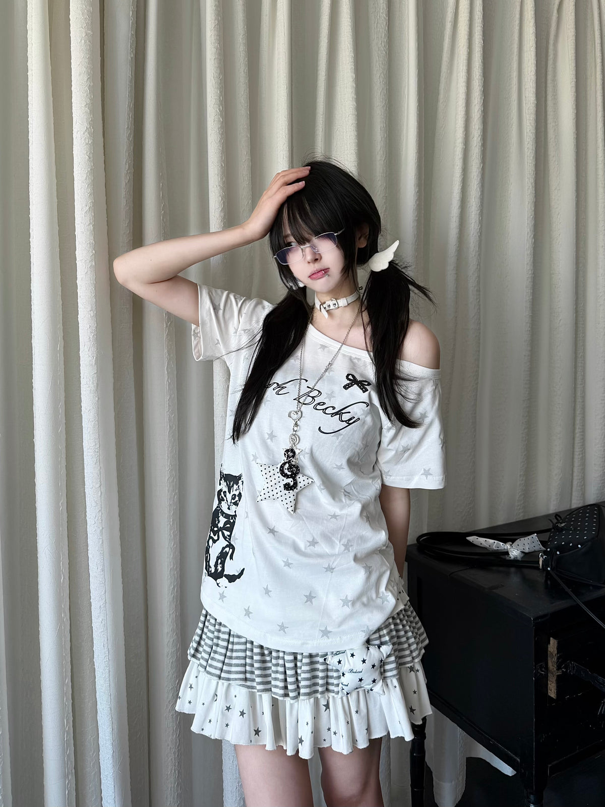 RICKY LUCKY Y2K アシンメトリー ワンショルダー Tシャツ 星柄 プリント スリム 半袖カットソー