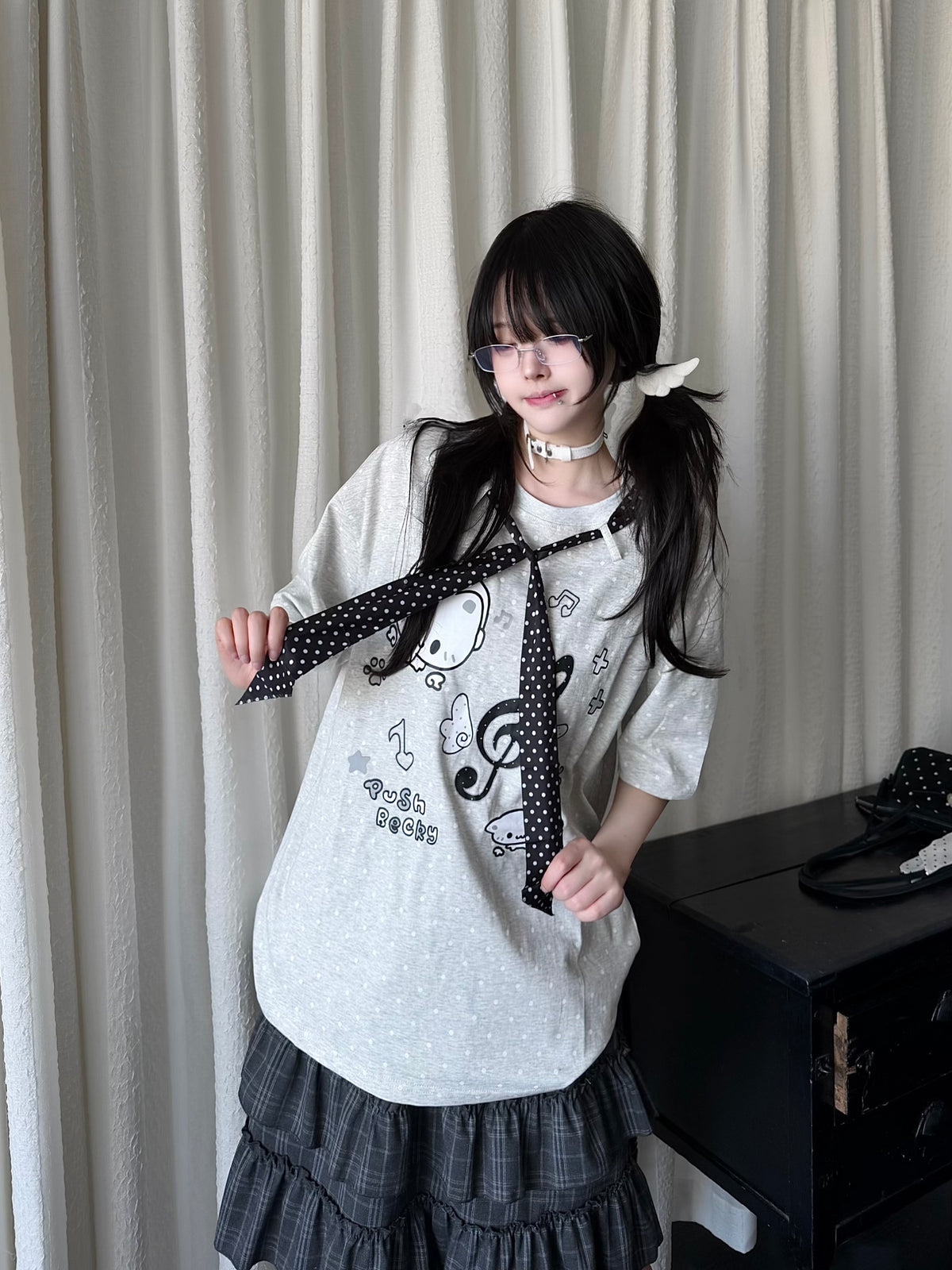 RICKY LUCKY 宅系 サブカル ネコ柄 ドット柄 ネクタイ付き 半袖 Tシャツ ルーズ Tシャツ