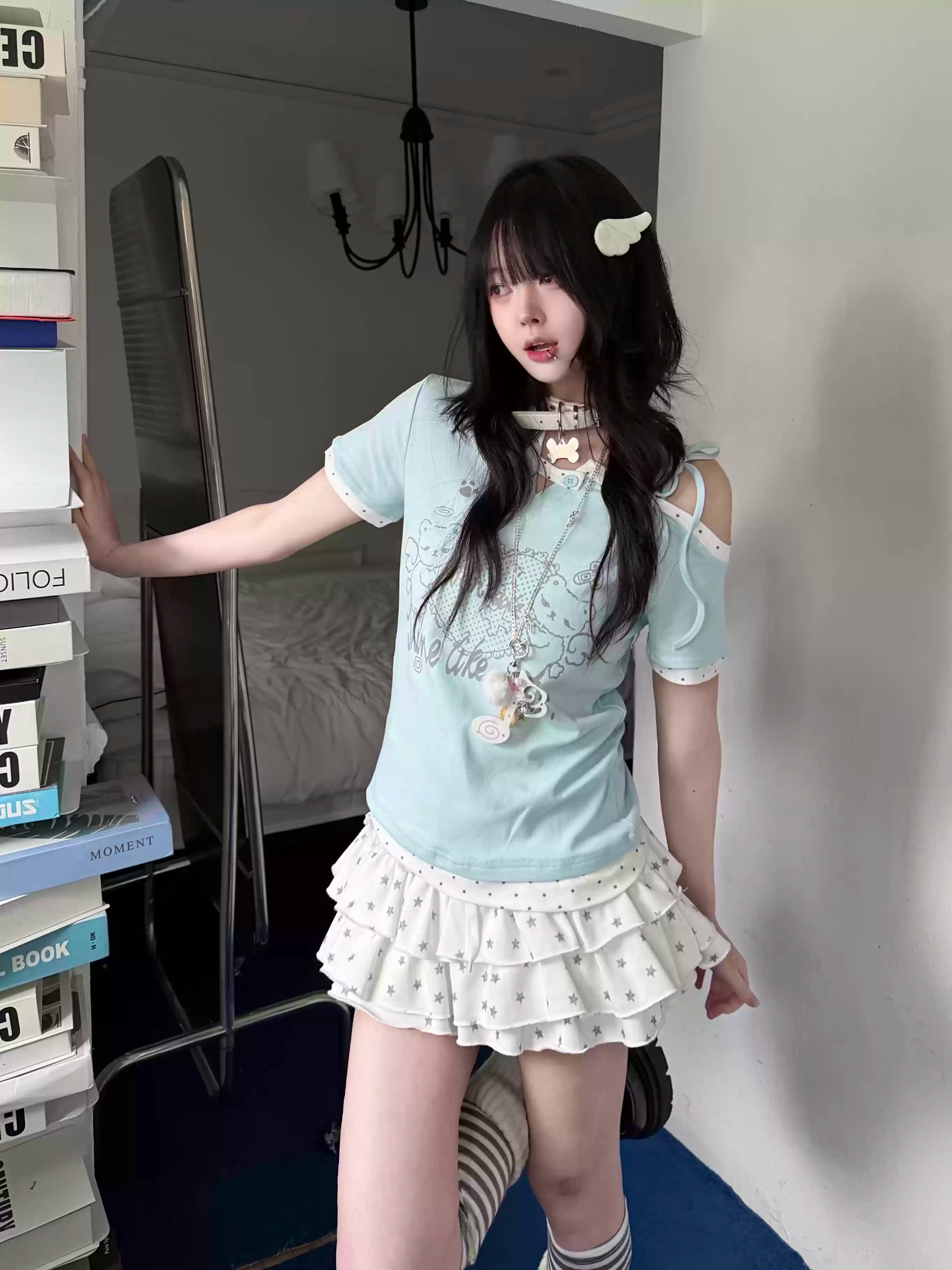 Y2K Kawaii Teddy Bear Print One Shoulder T-Shirt Women Summer Sweet Polka Dot Patchwork Slim Fit Crop Top Harajuku Aesthetic Tee