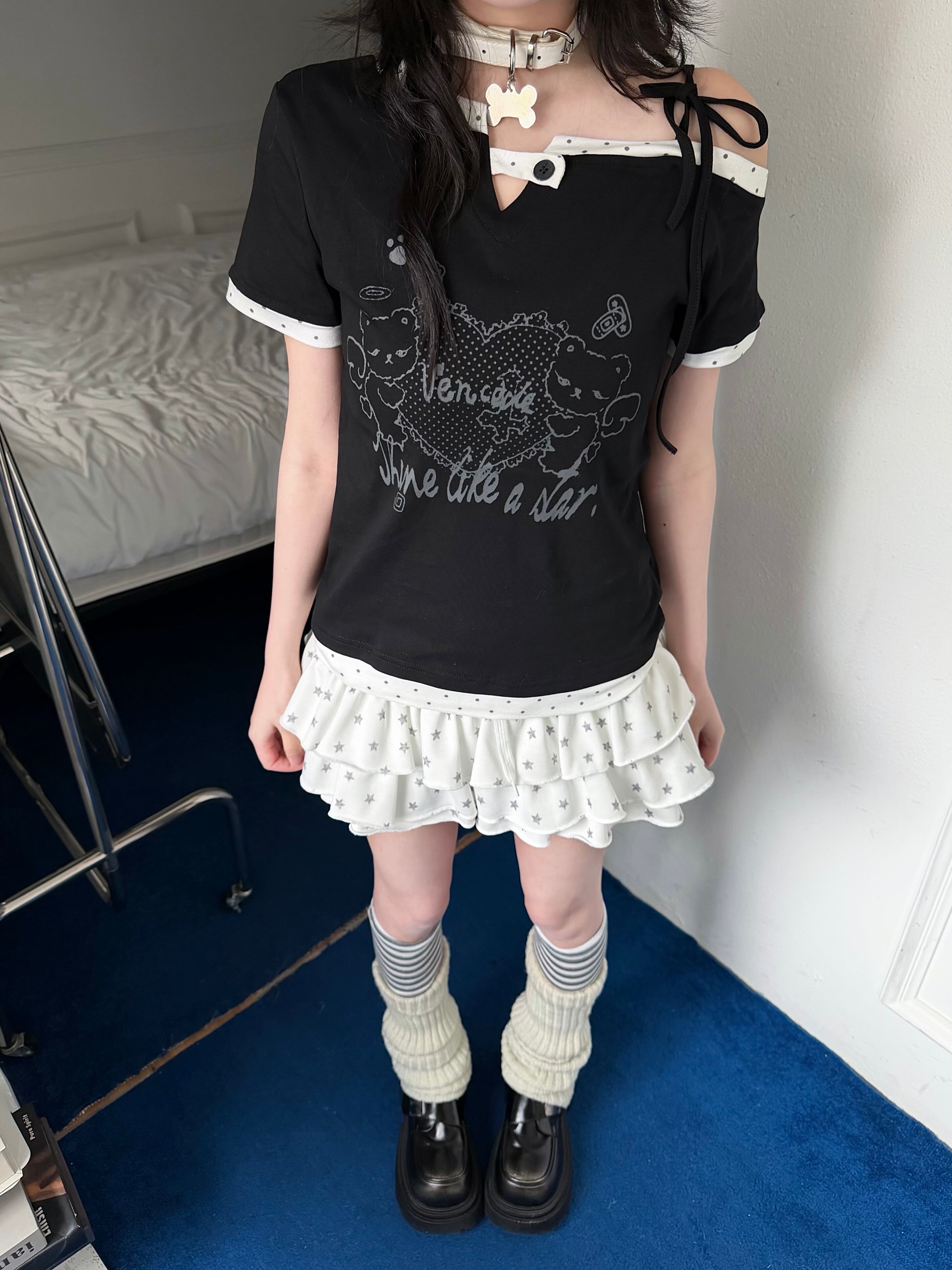 Y2K Kawaii Teddy Bear Print One Shoulder T-Shirt Women Summer Sweet Polka Dot Patchwork Slim Fit Crop Top Harajuku Aesthetic Tee
