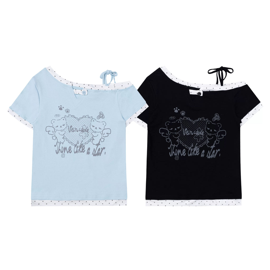 Y2K Kawaii Teddy Bear Print One Shoulder T-Shirt Women Summer Sweet Polka Dot Patchwork Slim Fit Crop Top Harajuku Aesthetic Tee