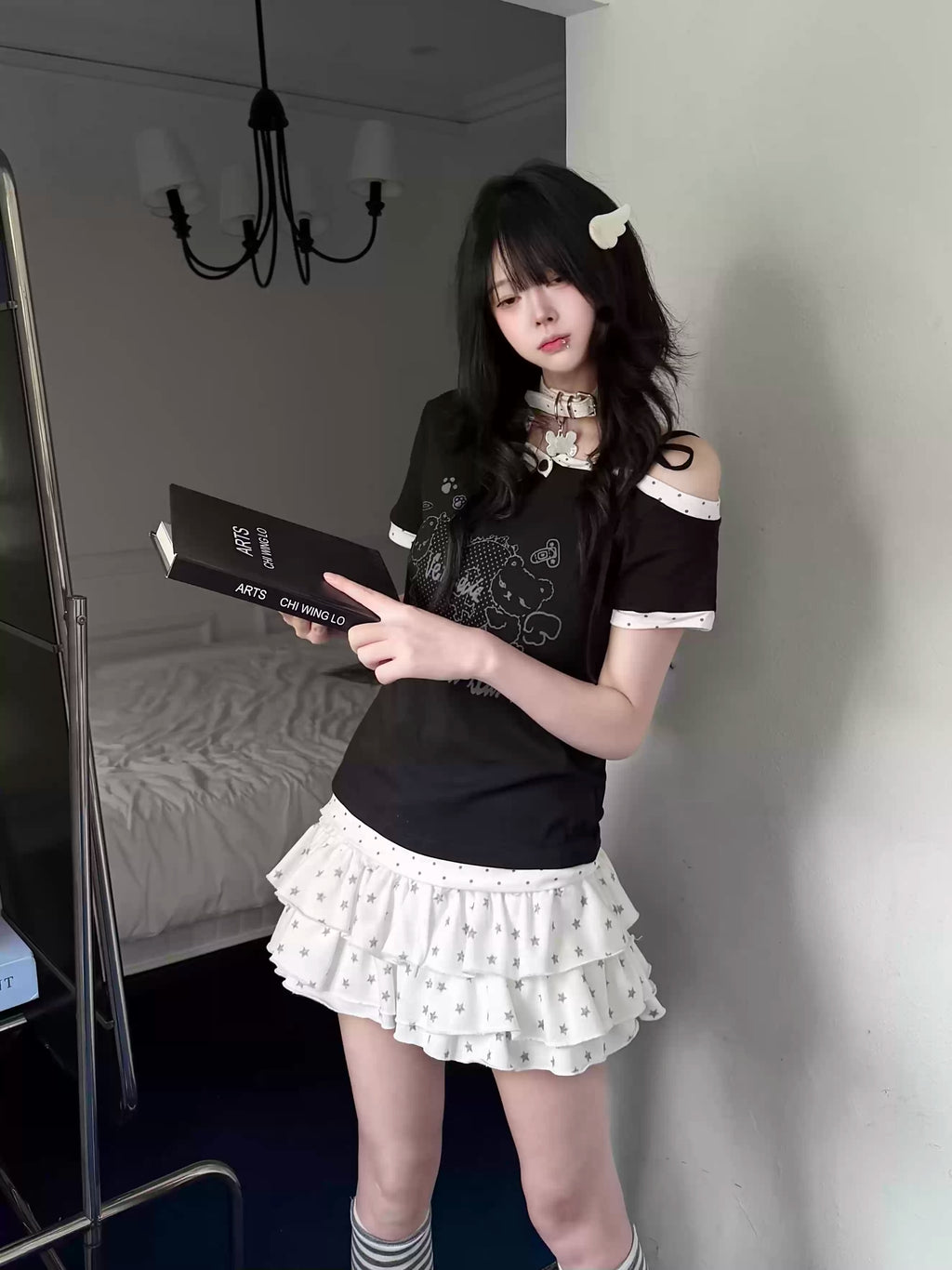 Y2K Kawaii Teddy Bear Print One Shoulder T-Shirt Women Summer Sweet Polka Dot Patchwork Slim Fit Crop Top Harajuku Aesthetic Tee