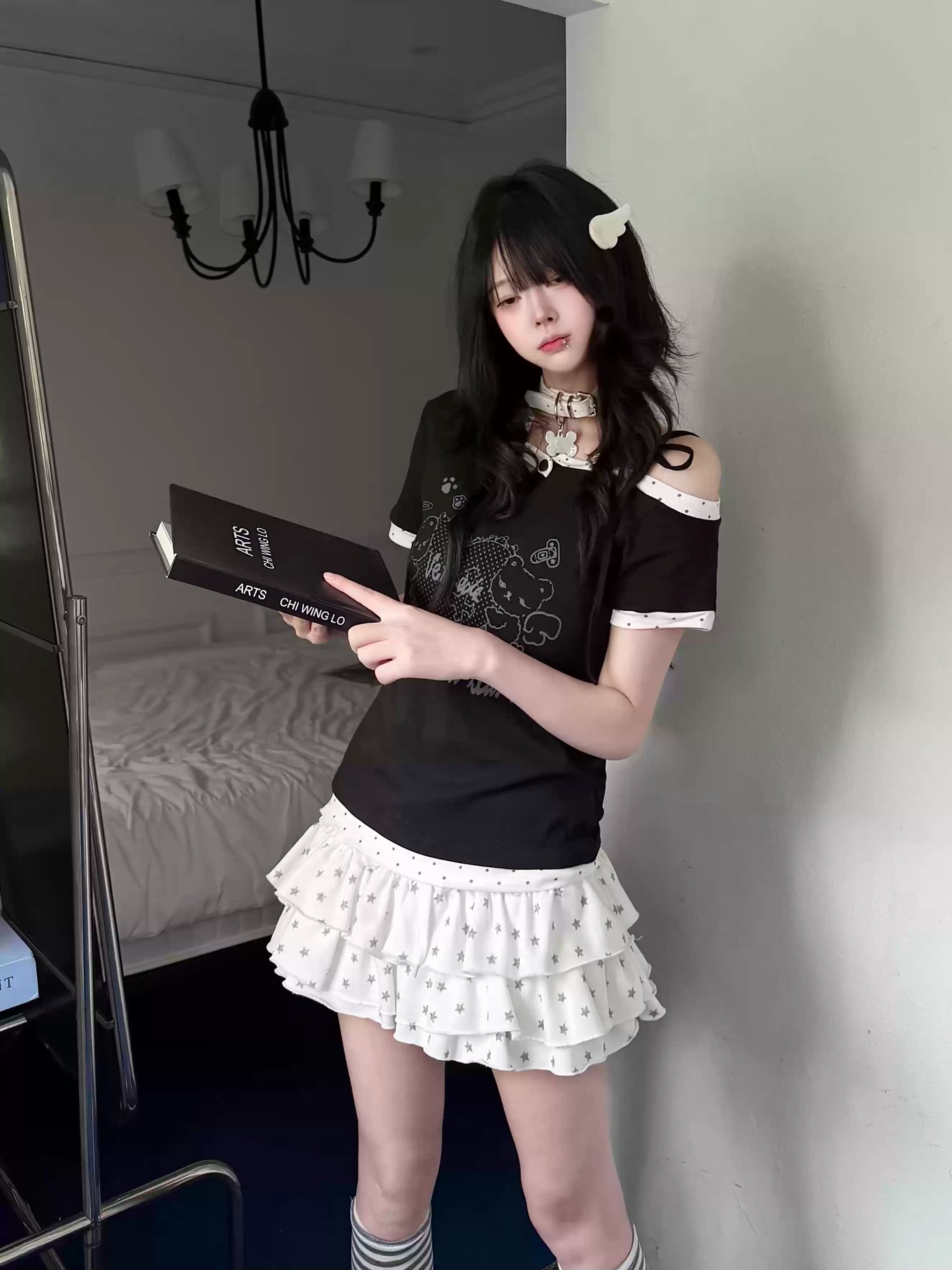 Y2K Kawaii Teddy Bear Print One Shoulder T-Shirt Women Summer Sweet Polka Dot Patchwork Slim Fit Crop Top Harajuku Aesthetic Tee