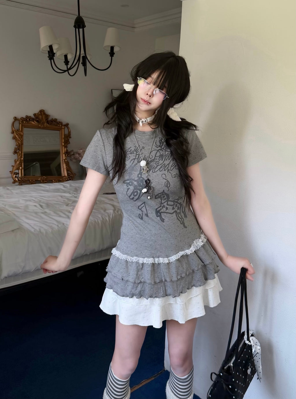 Women's Cute Korean Aesthetic Polka Dot Top Slimming Short Sleeve Tee Ruffled Bottom Summer Kawaii Fashion Clothing