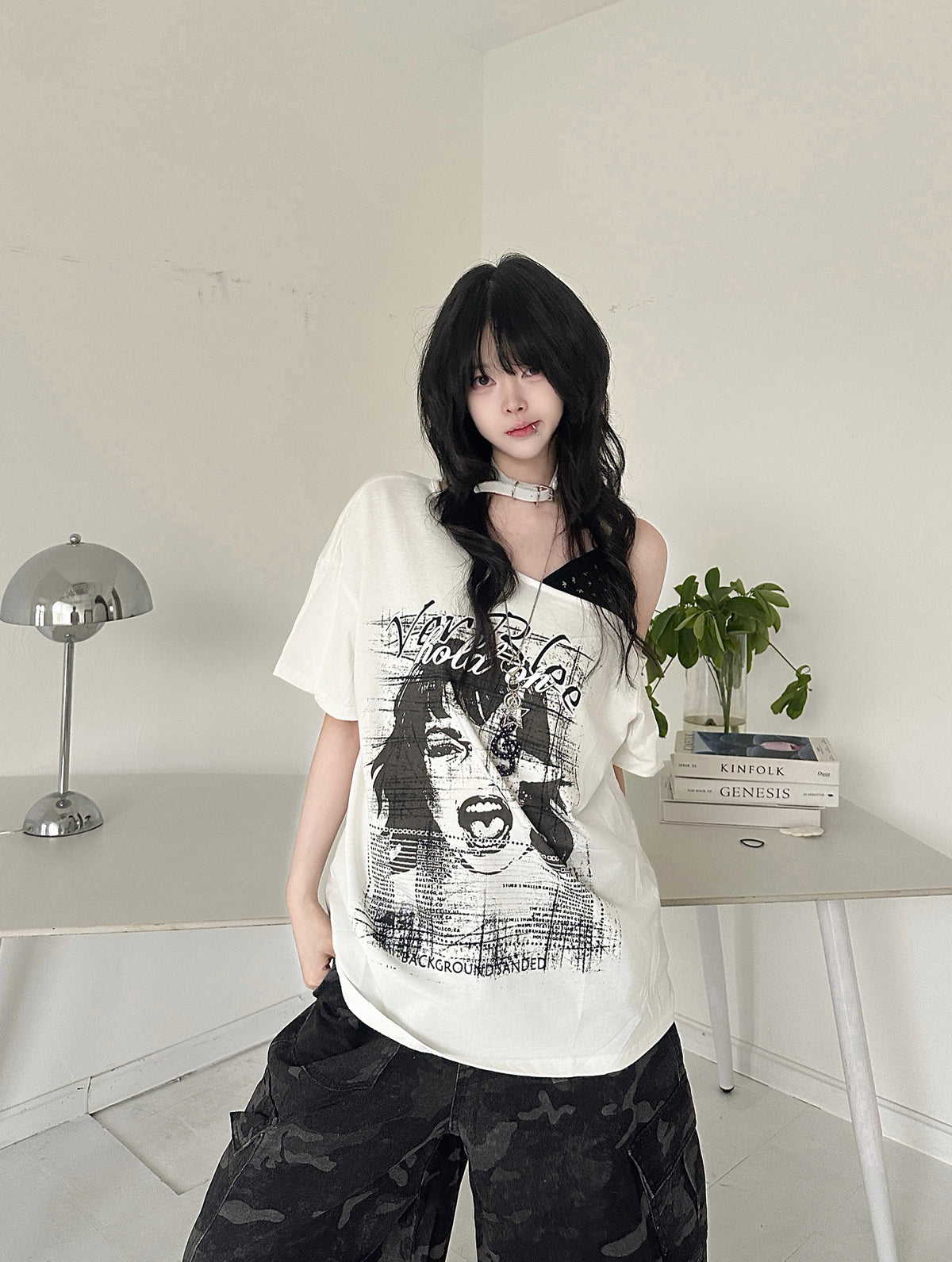 RICKY LUCKY アメカジ ワンショルダー 半袖 Tシャツ レディース 夏 オフショルダー トップス