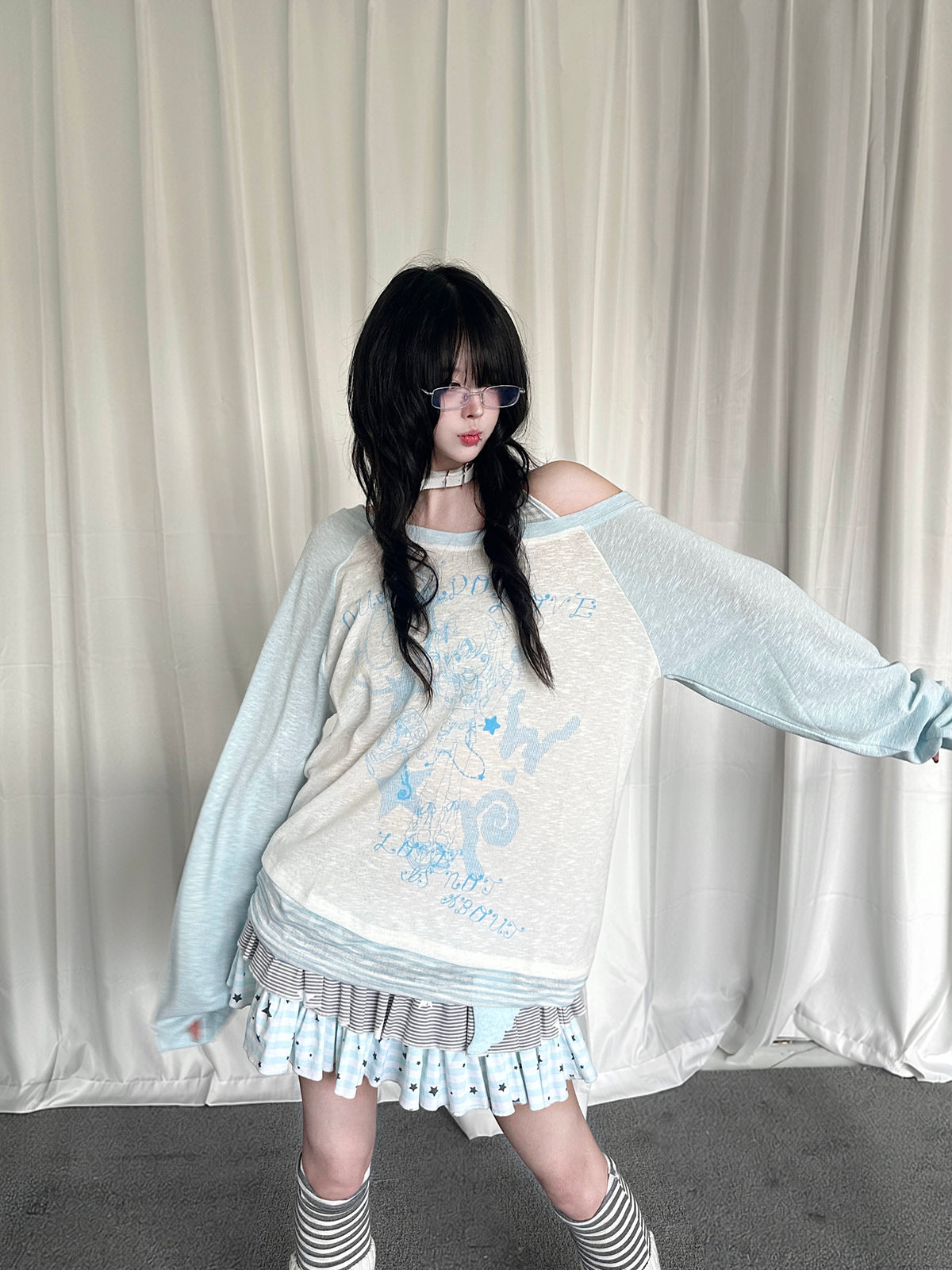 RICKY LUCKY レトロ ストライプ柄 レイヤード風 ワンショルダー 長袖Tシャツ ゆったり