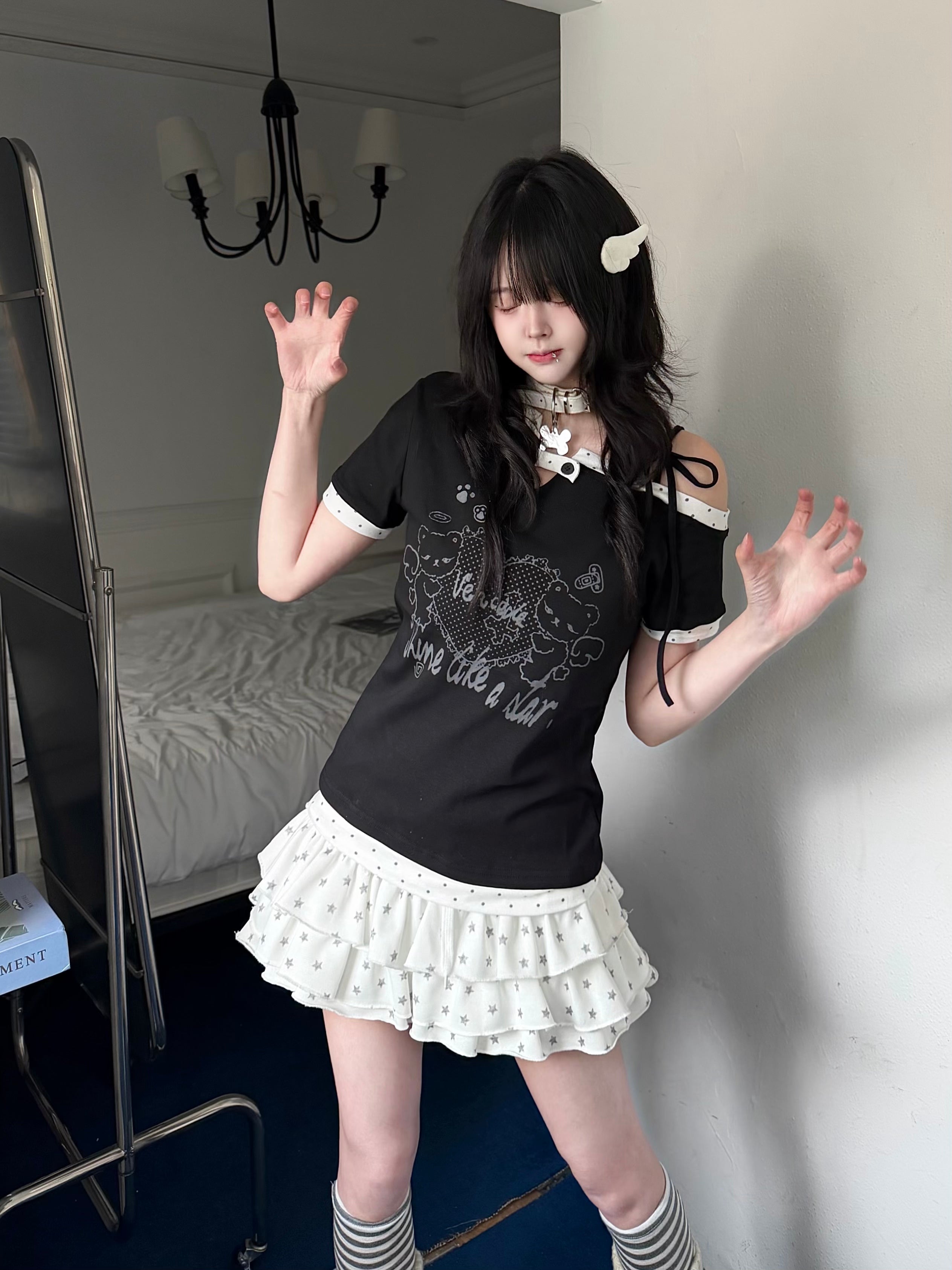 Y2K Kawaii Teddy Bear Print One Shoulder T-Shirt Women Summer Sweet Polka Dot Patchwork Slim Fit Crop Top Harajuku Aesthetic Tee