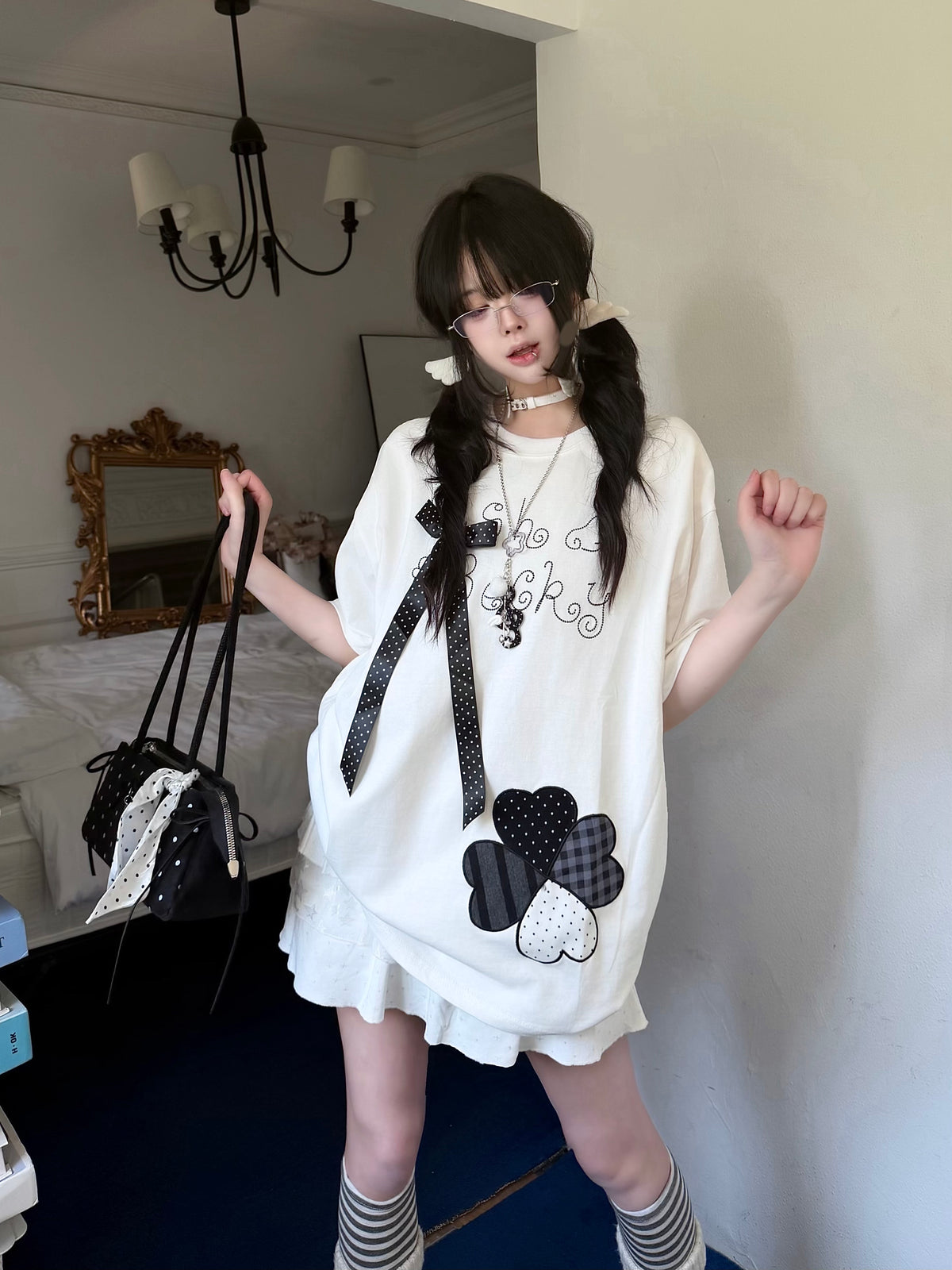 RICKY LUCKY 夏新作 ドット柄リボン刺繍Tシャツ オールグレー系 ゆったり 半袖